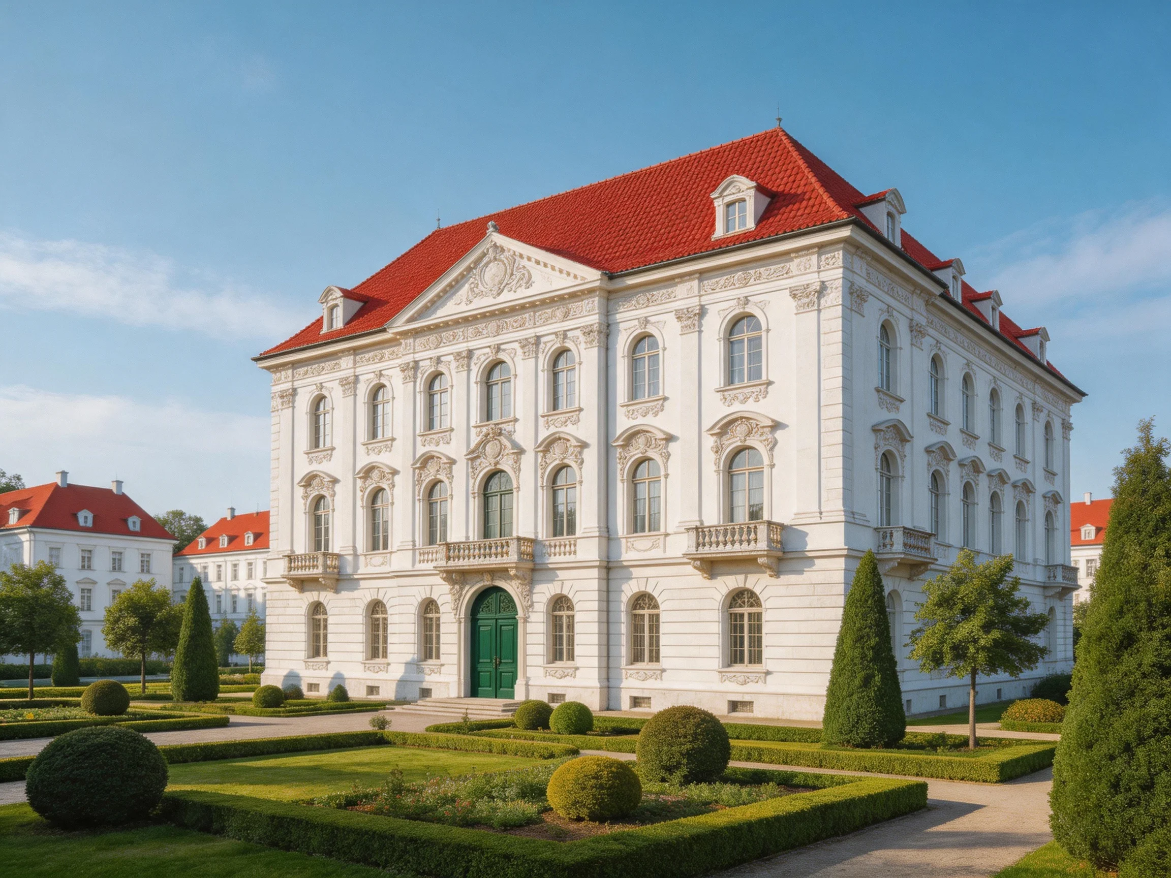A grand white mansion with red tiled roof and formal gardens