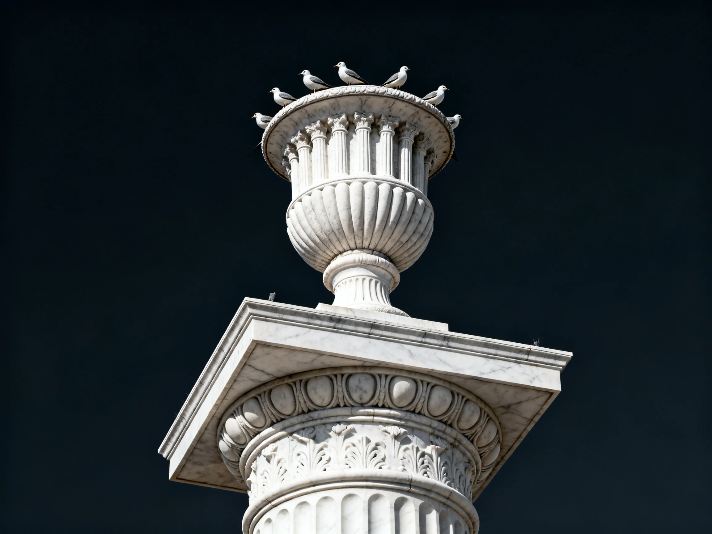 A grand white marble column with ornate carvings supports an urn with perched birds