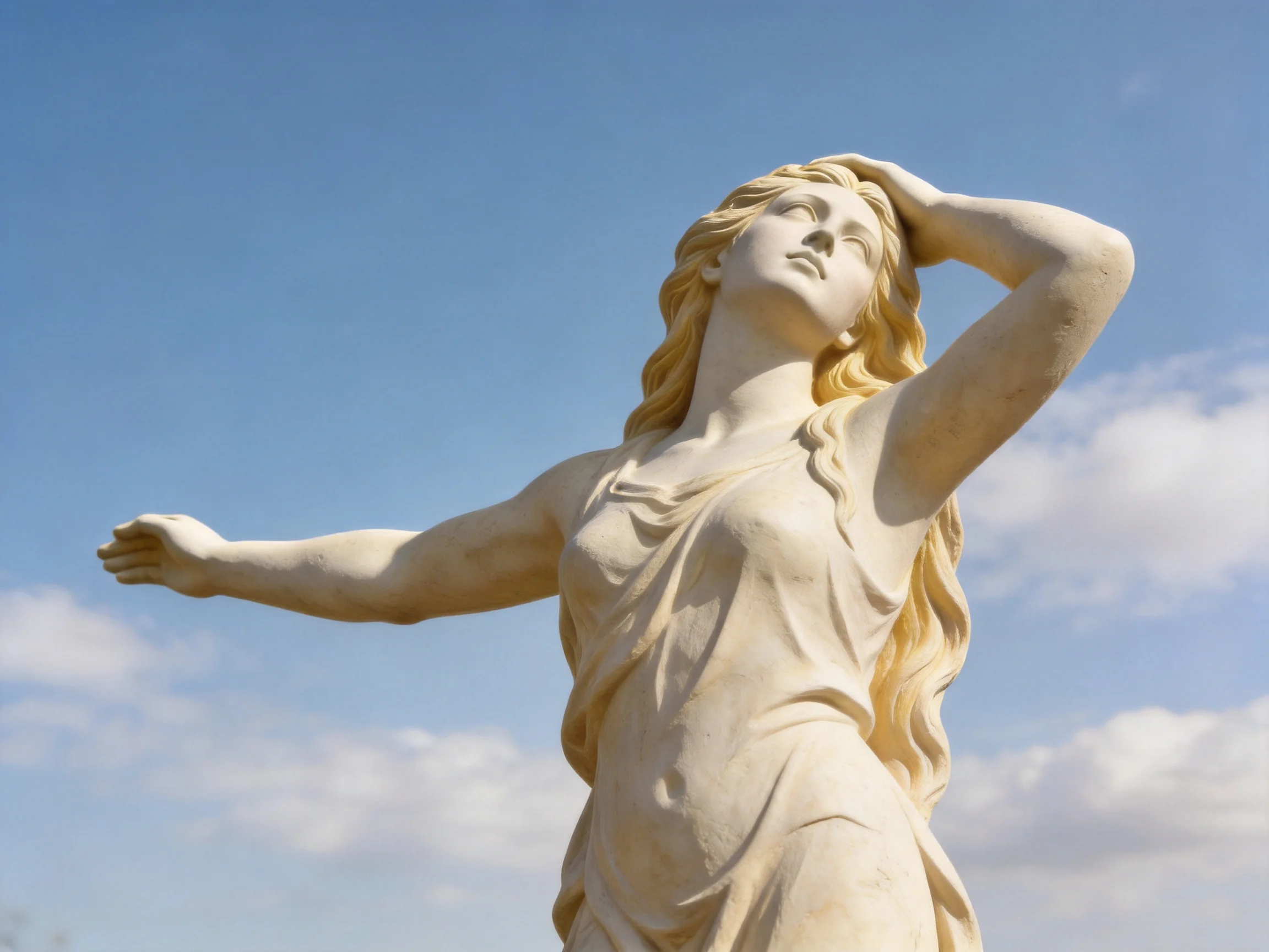 A grand white marble statue of a woman reaching toward the sky