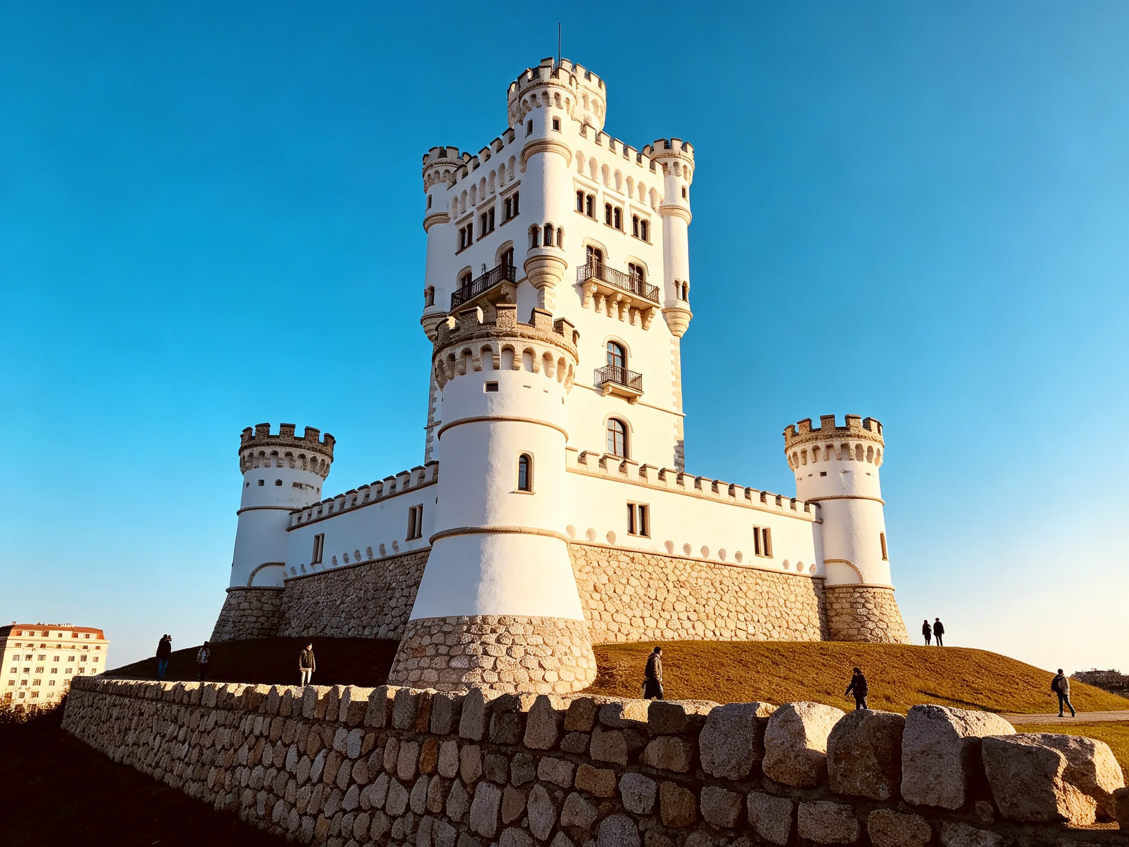 A grand white medieval-style castle with stone foundations under clear blue skies