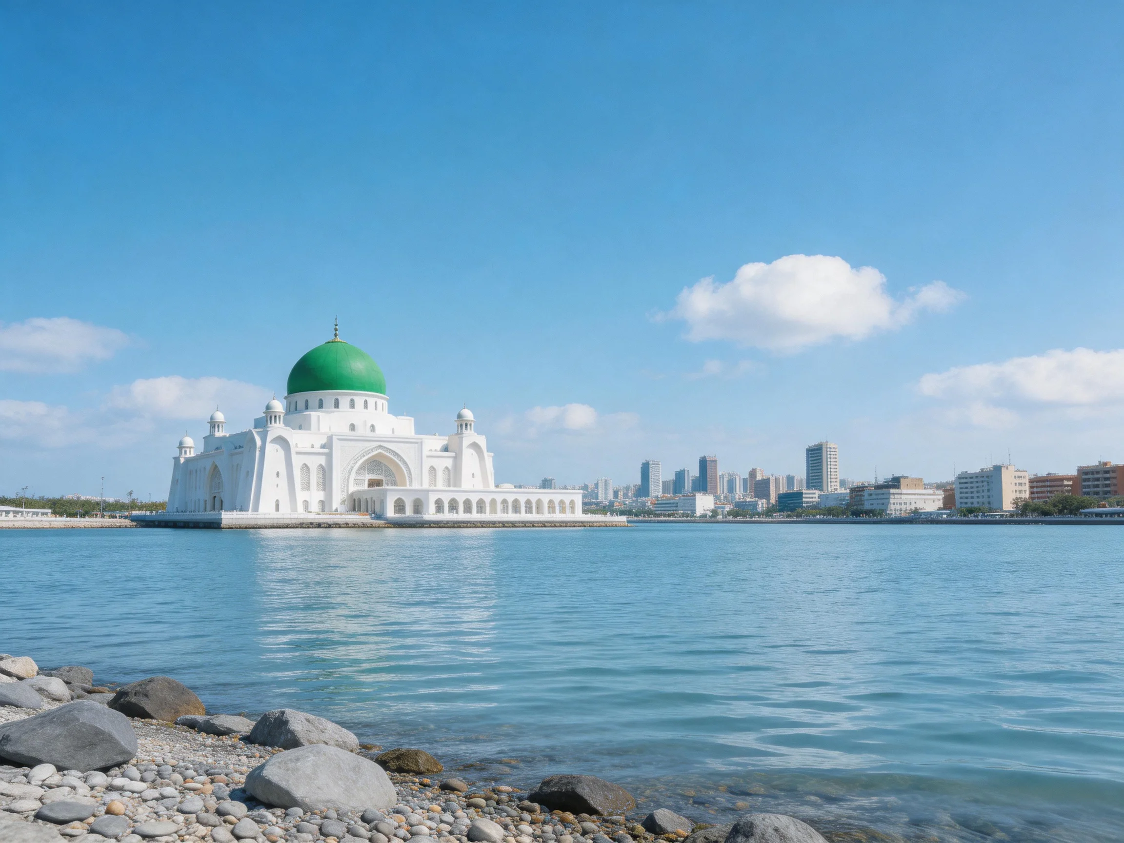 A grand white mosque with a large green dome by calm waters