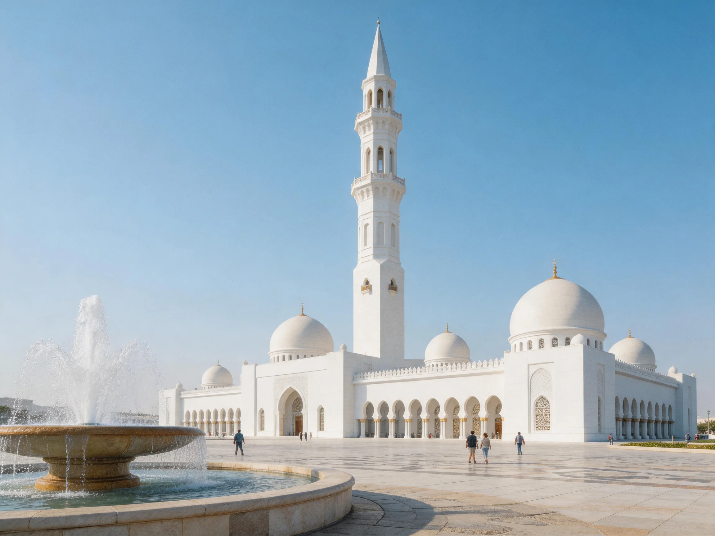 A grand white mosque with domes, minaret, and fountain