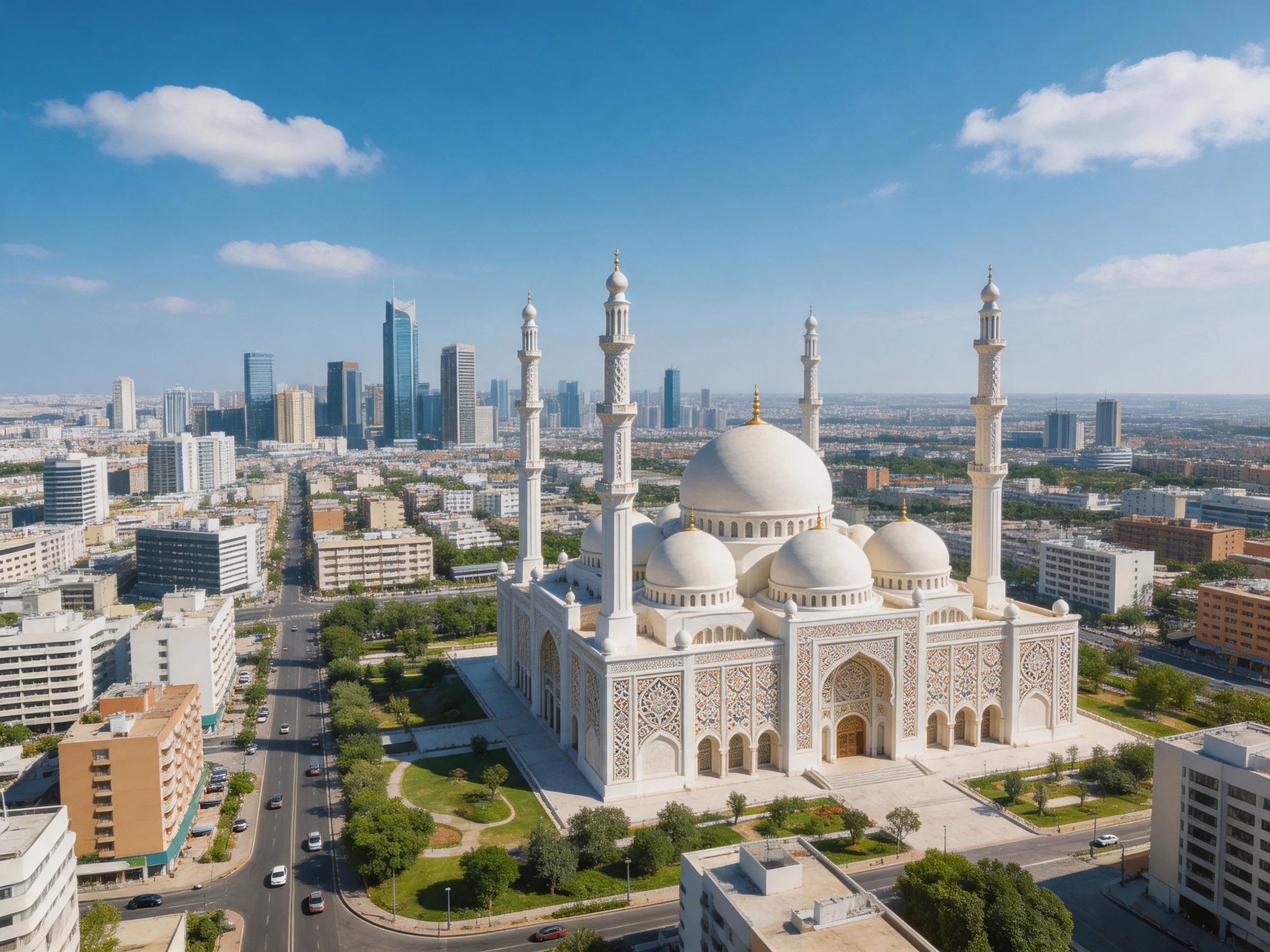 A grand white mosque with four minarets amidst modern skyscrapers