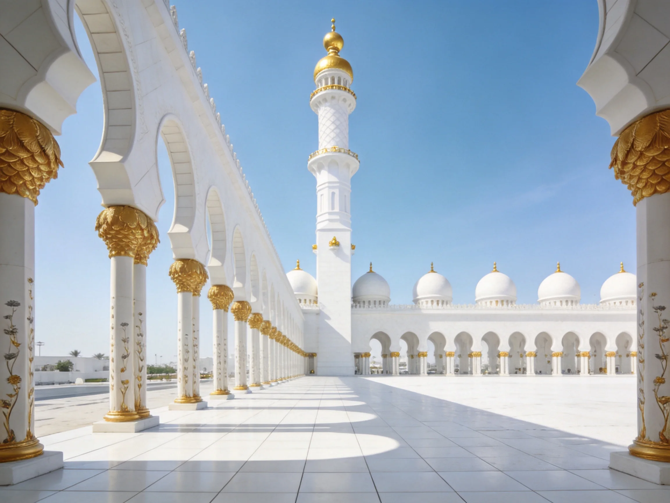 A grand white mosque with golden architectural details