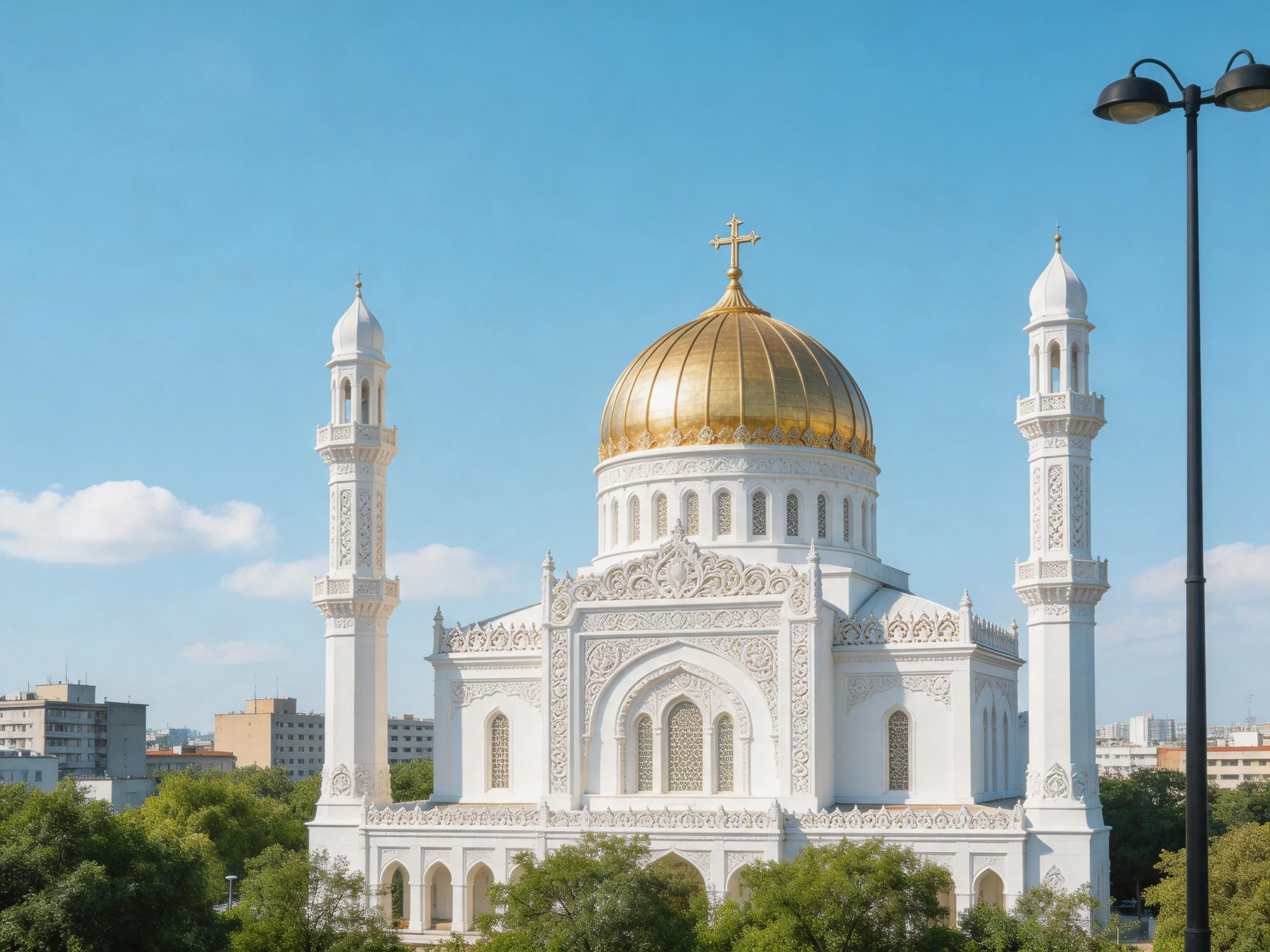 A grand white mosque with golden dome and twin minarets