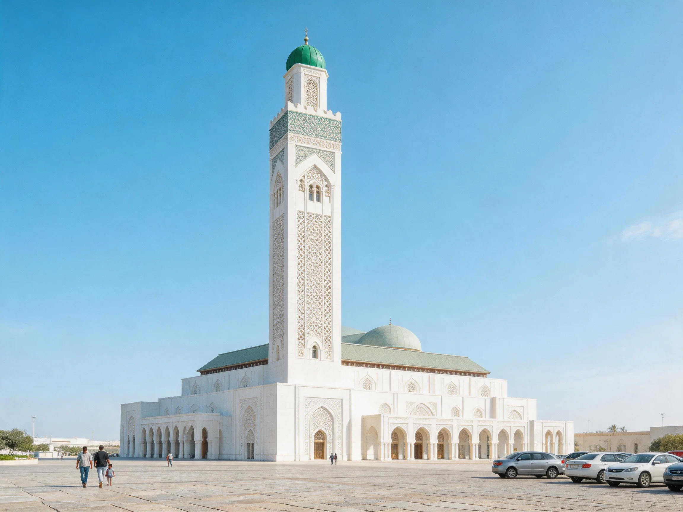 A grand white mosque with green domes and towering minaret