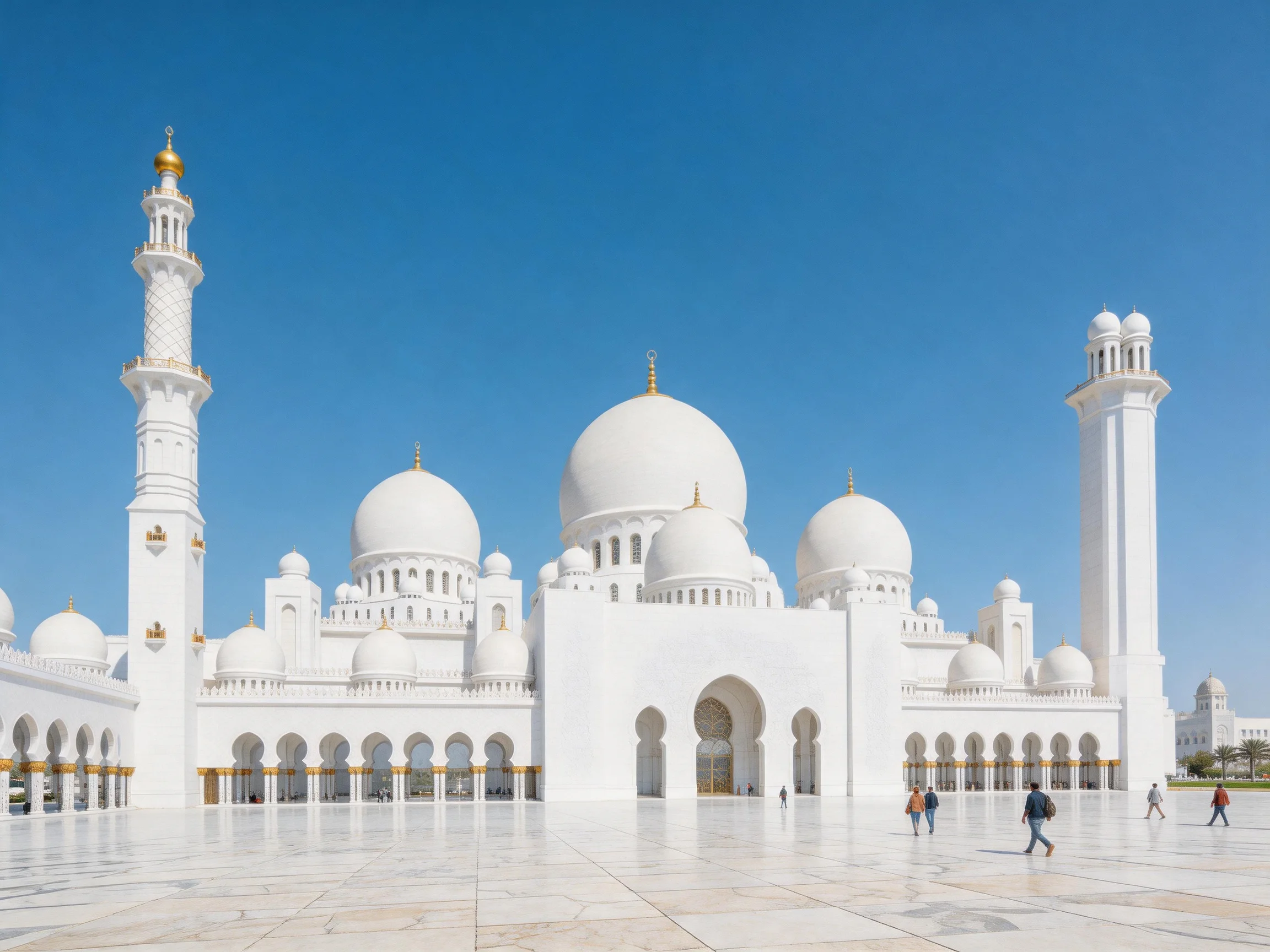 A grand white mosque with multiple domes and tall minarets under clear blue sky