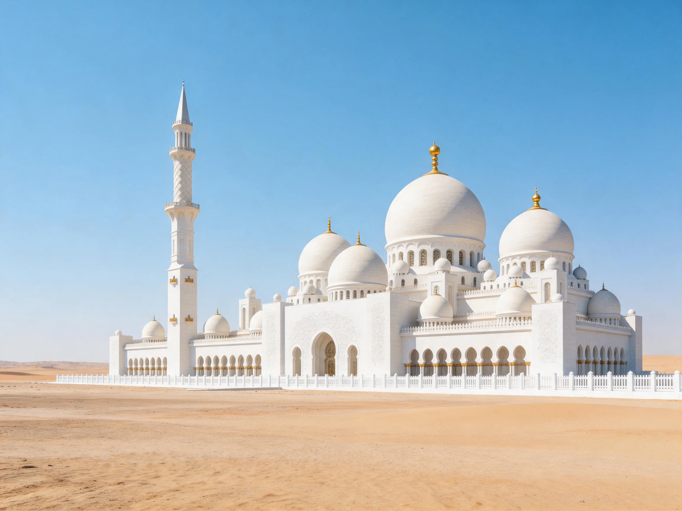 A grand white mosque with multiple domes in a sandy desert