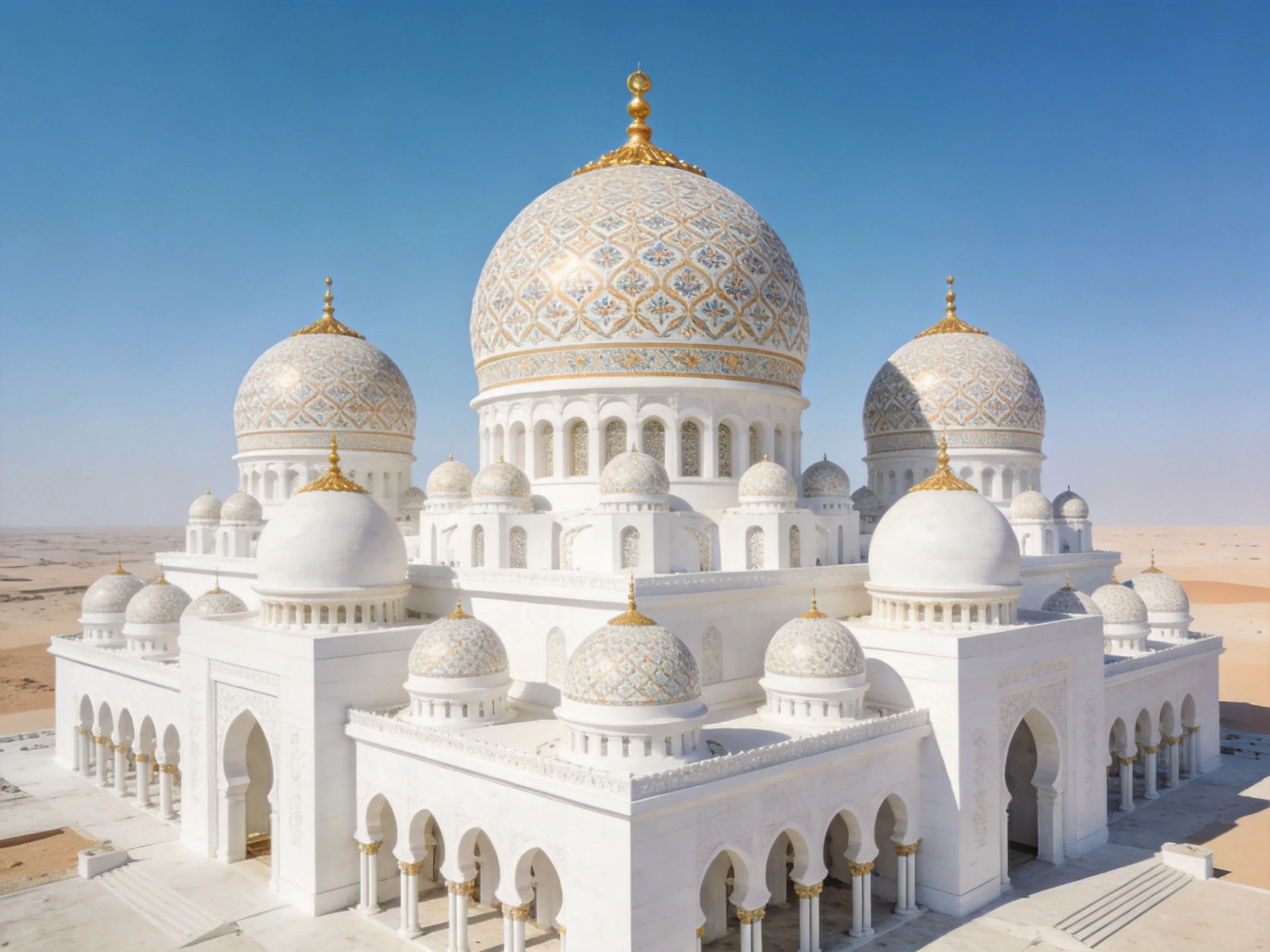 A grand white mosque with ornate golden domes in a desert landscape
