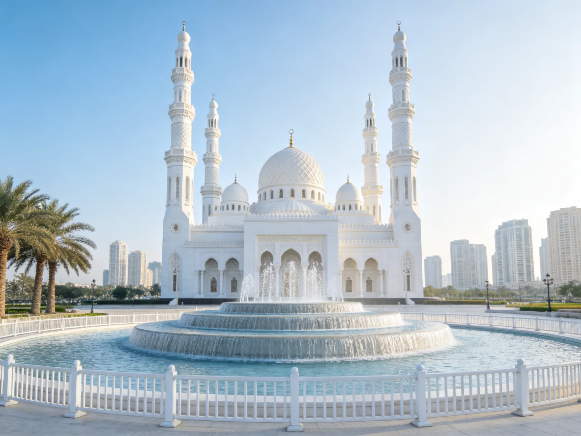 A grand white mosque with tall minarets near tiered fountains