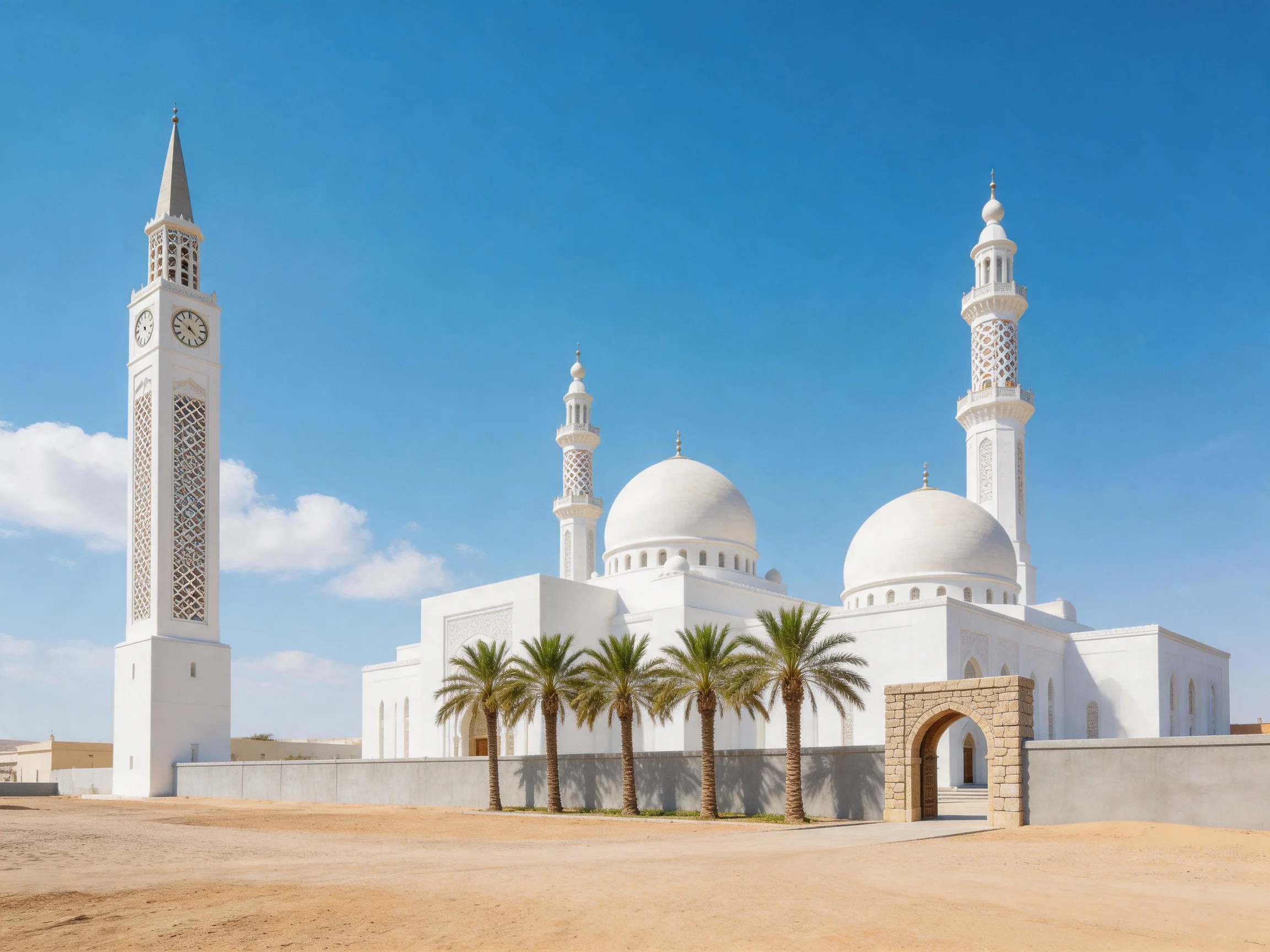 A grand white mosque with three towers near palm trees