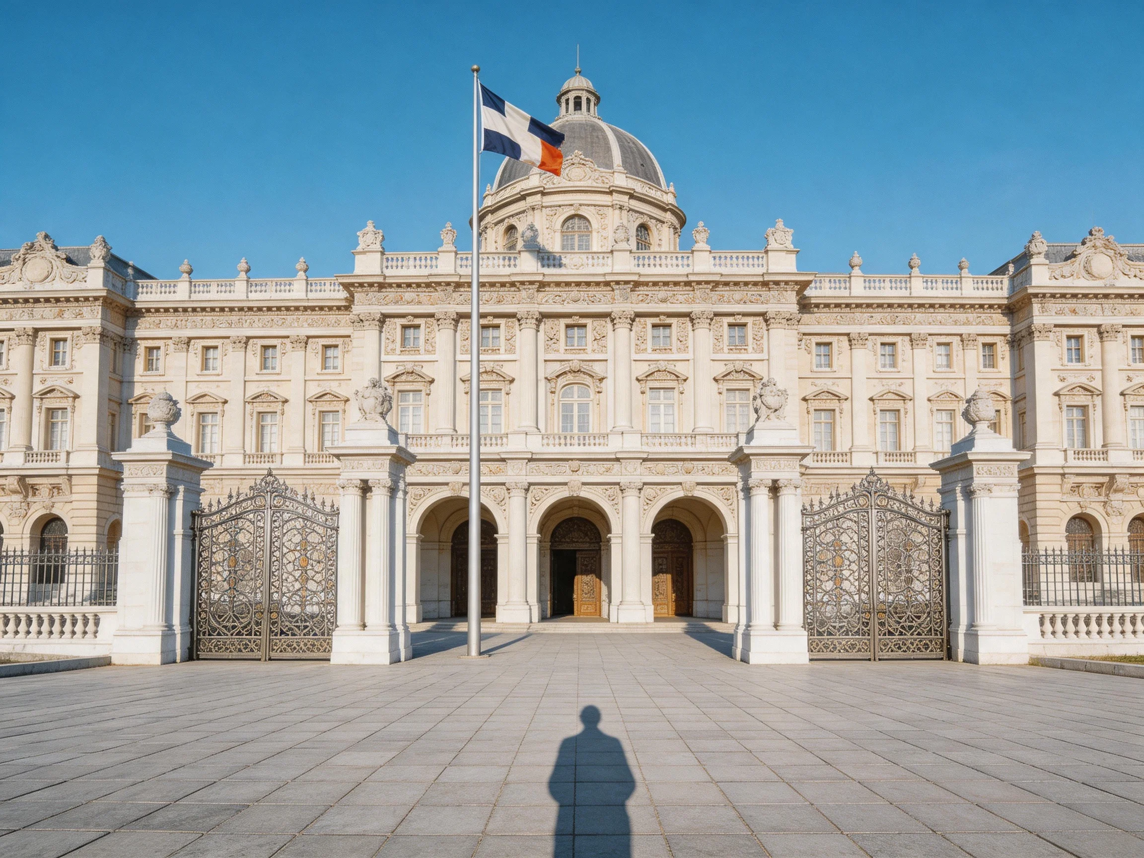 A grand white neoclassical building with ornate gates and flags