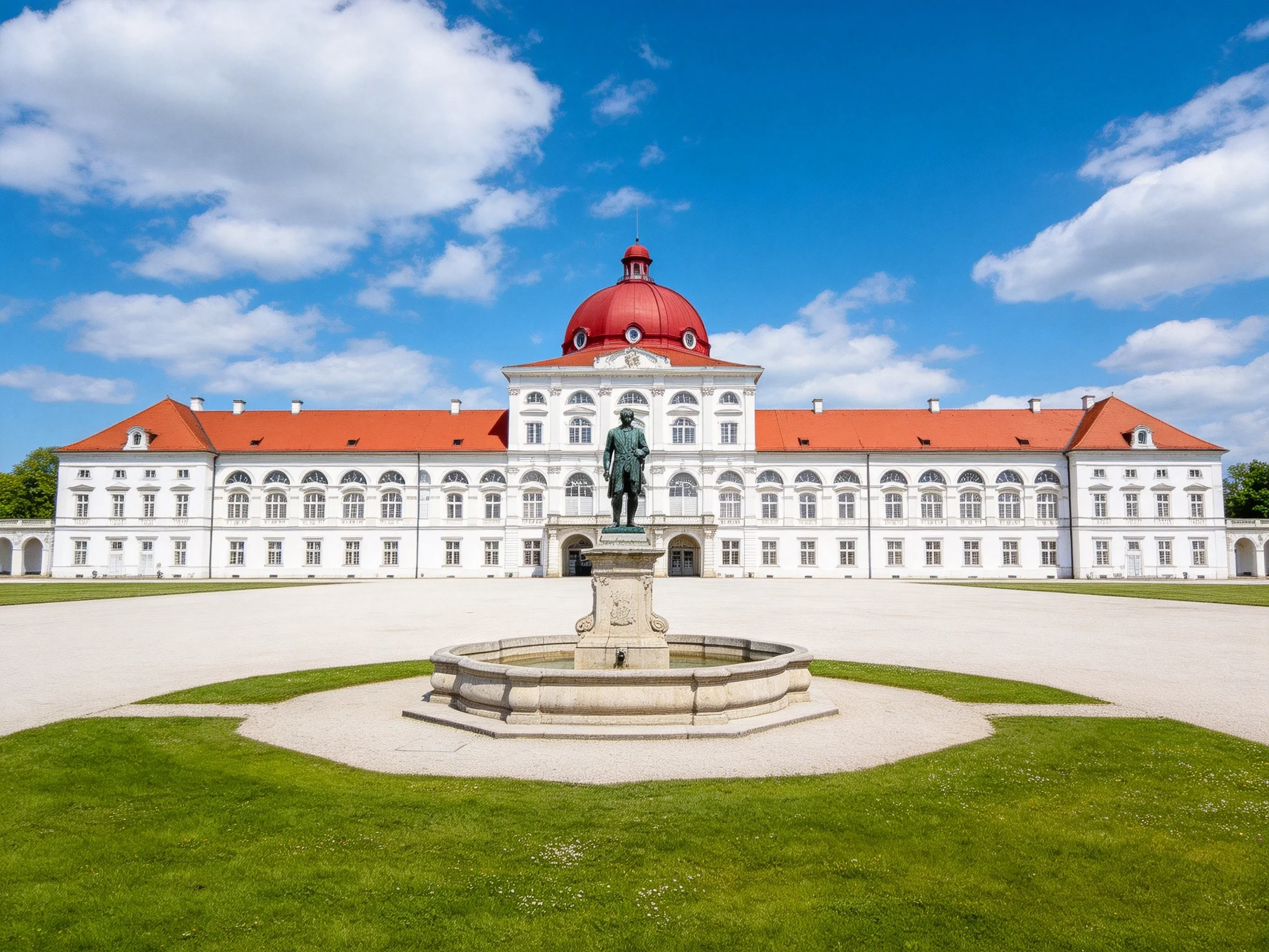 A grand white palace with a red domed center and expansive courtyard