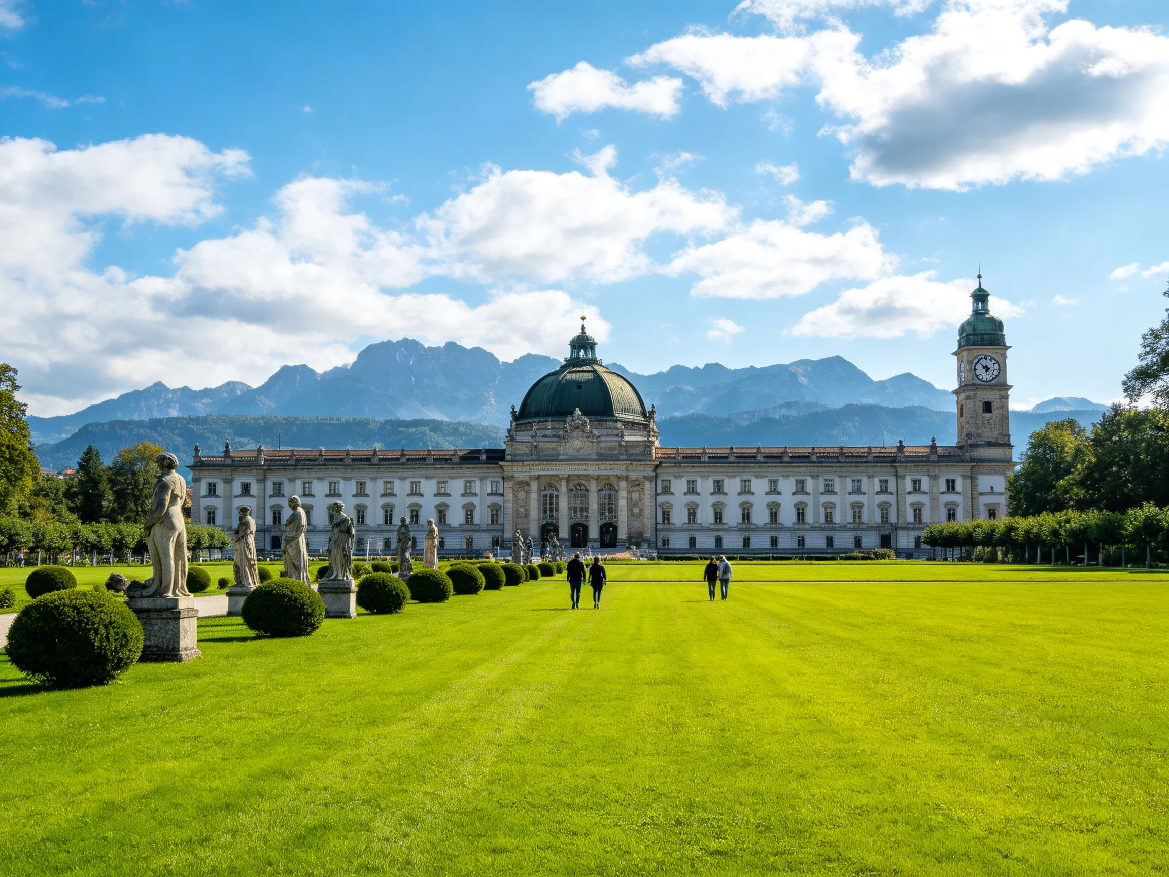 A grand white palace with green dome, manicured lawn, and mountainous backdrop