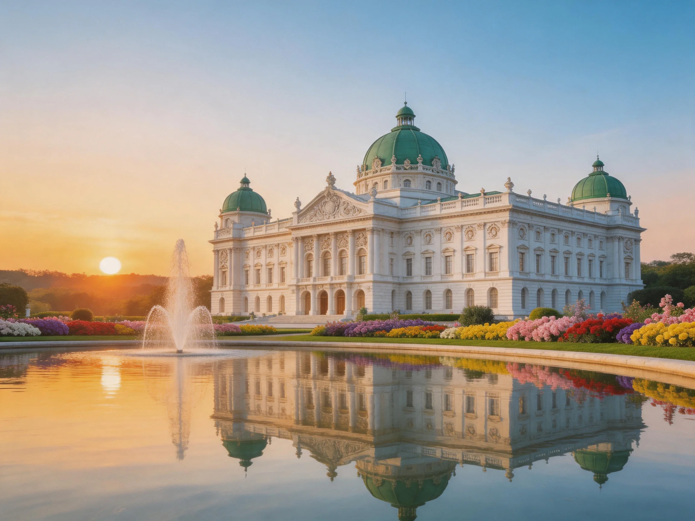 A grand white palace with green domes beside vibrant flower beds