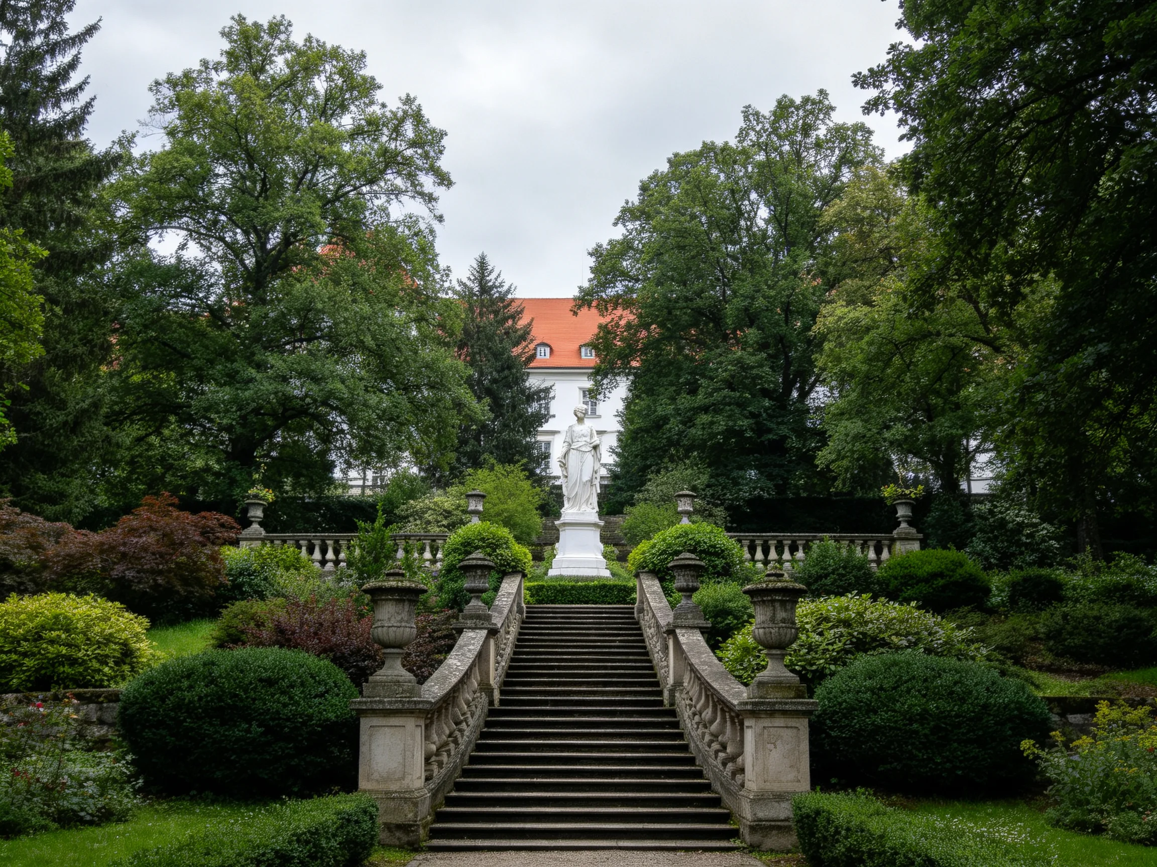 A grand white statue atop stone stairs in a red-roofed buildings garden