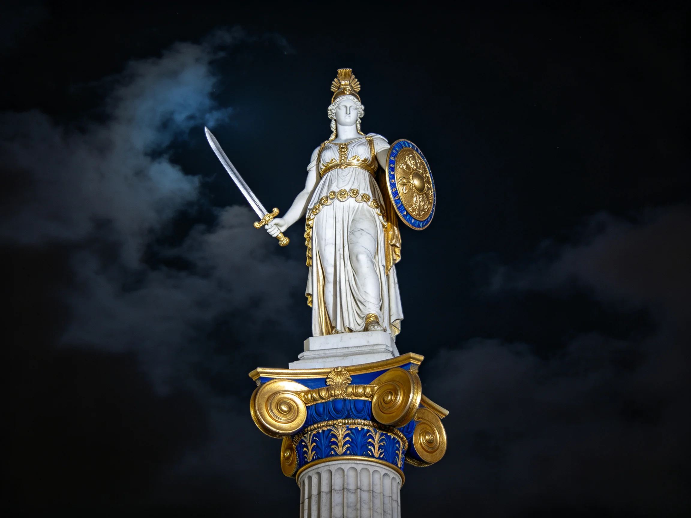 A grand white statue with gold accents, atop a blue-gold column under dark clouds