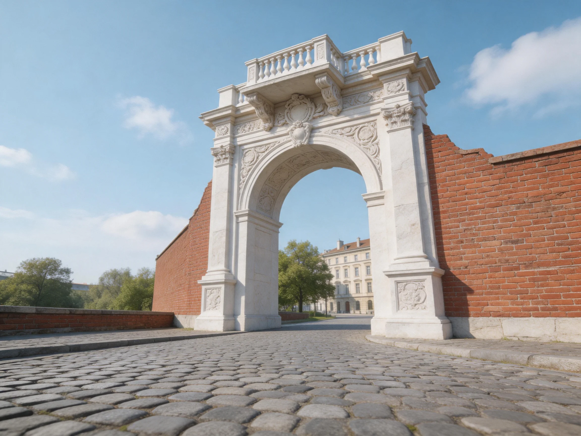 A grand white stone archway flanked by red brick walls on cobblestone pavement