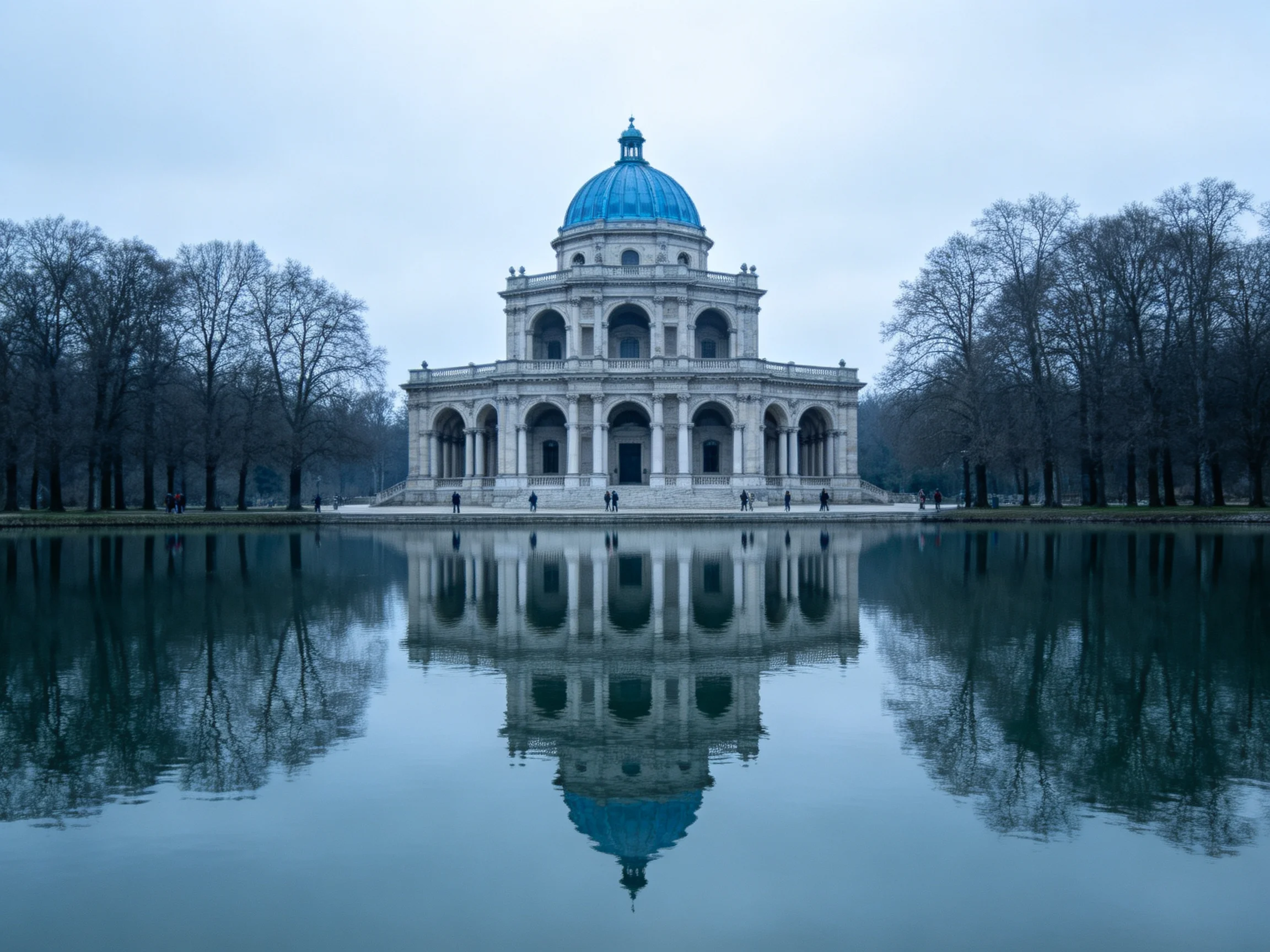 A grand white temple with a blue dome reflected in calm water