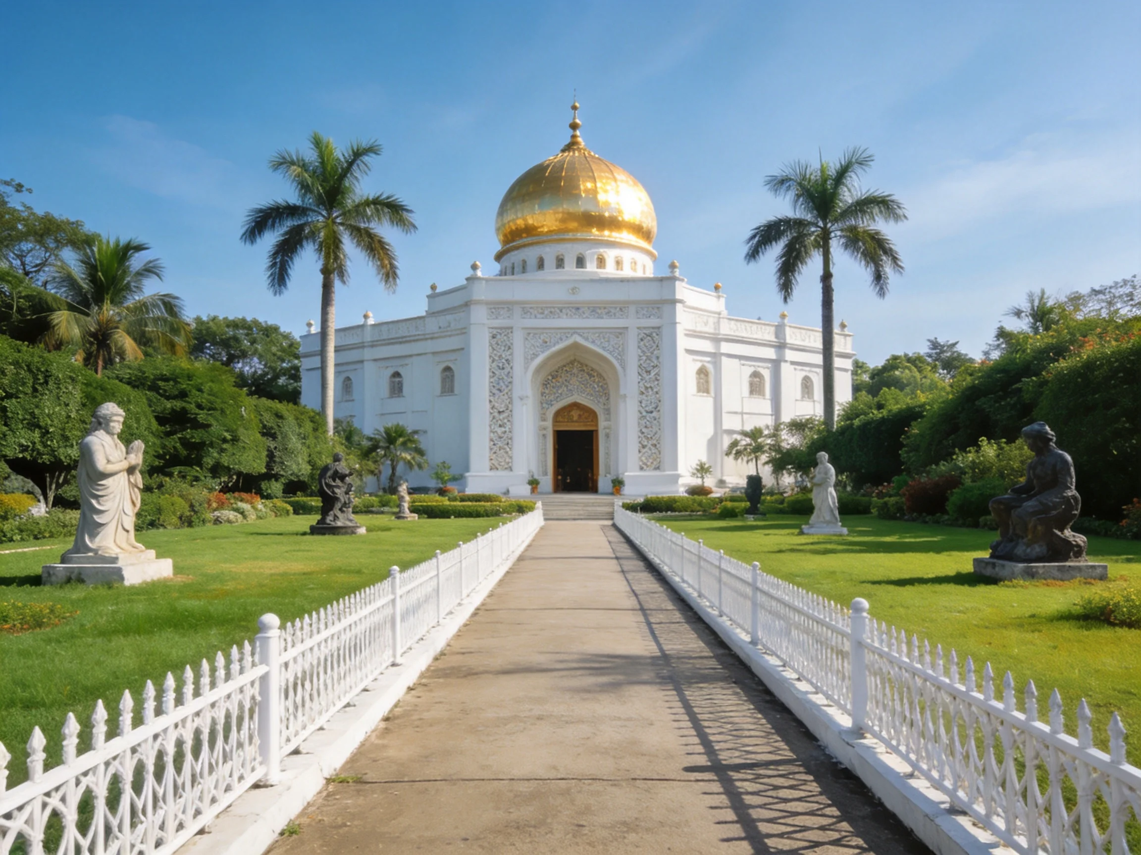 A grand white temple with golden dome, surrounded by statues and palm trees