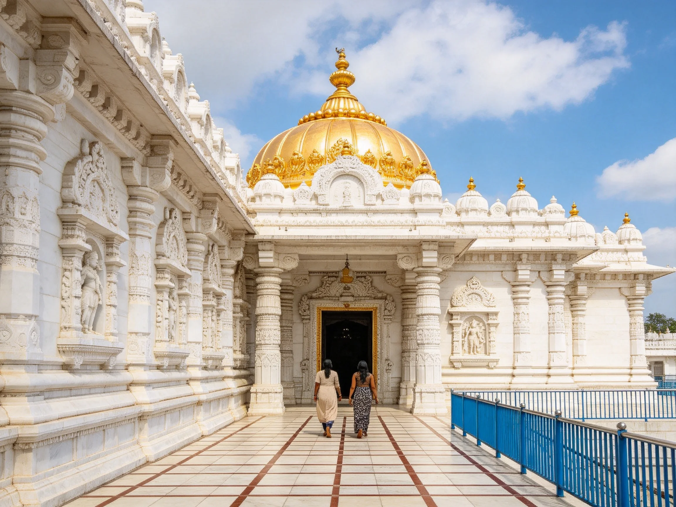 A grand white temple with ornate carvings and a golden dome