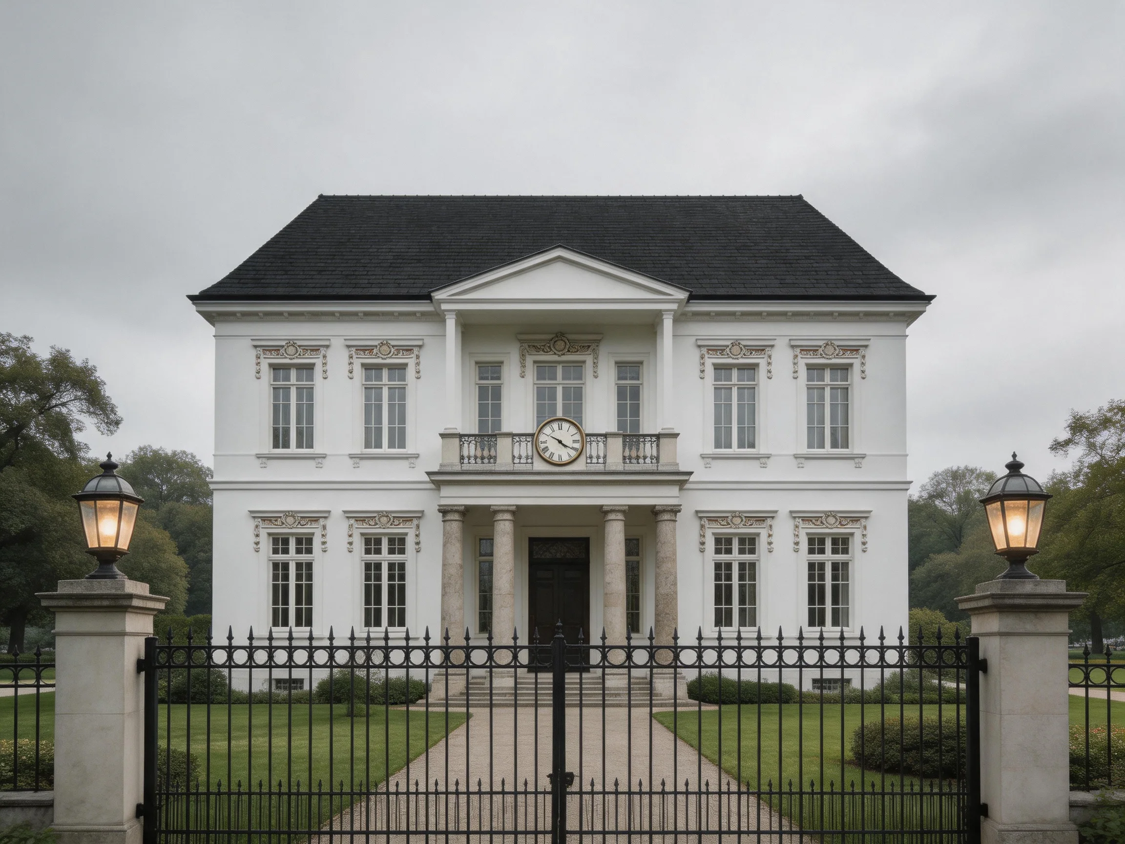 A grand white two-story mansion with black roof and ornate details