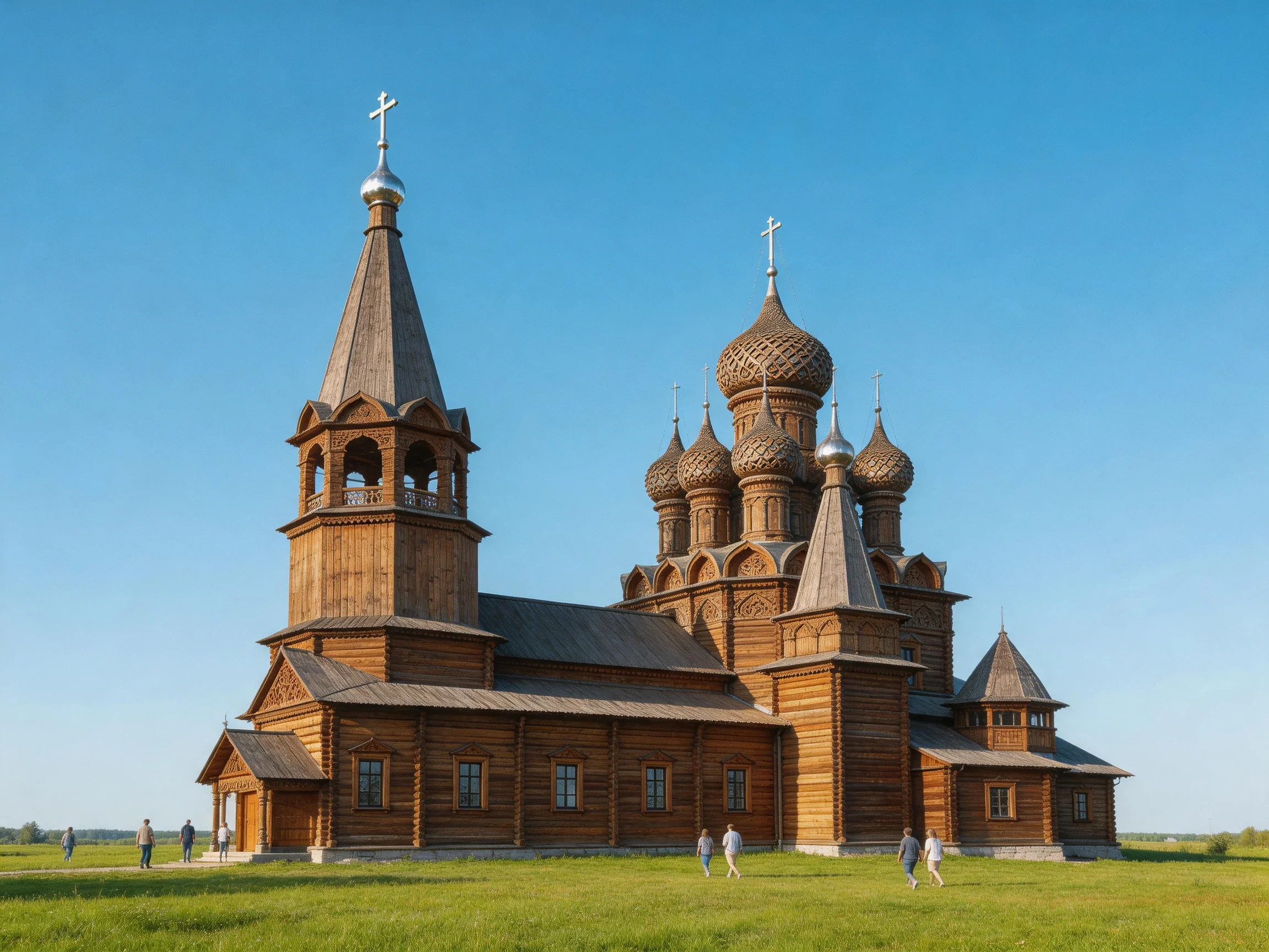 A grand wooden church with ornate domes under clear blue skies