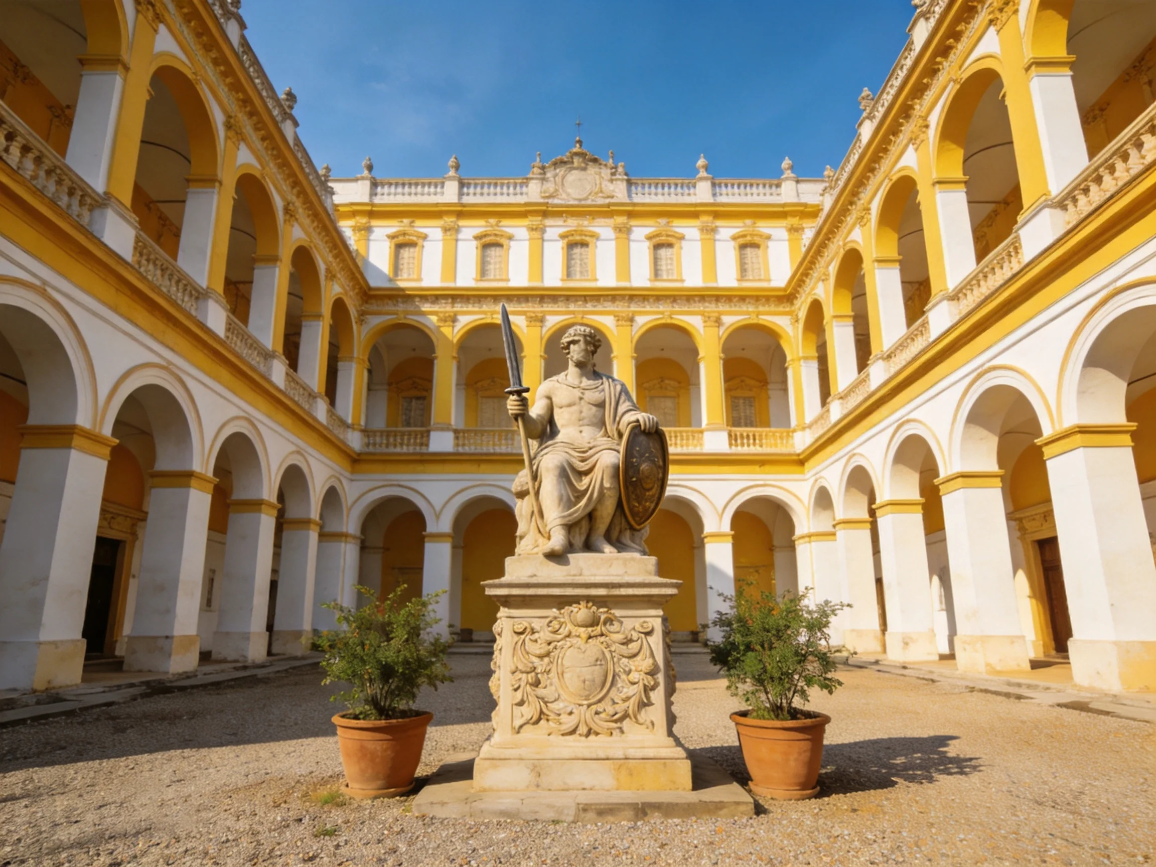 A grand yellow-and-white historical courtyard with a central statue