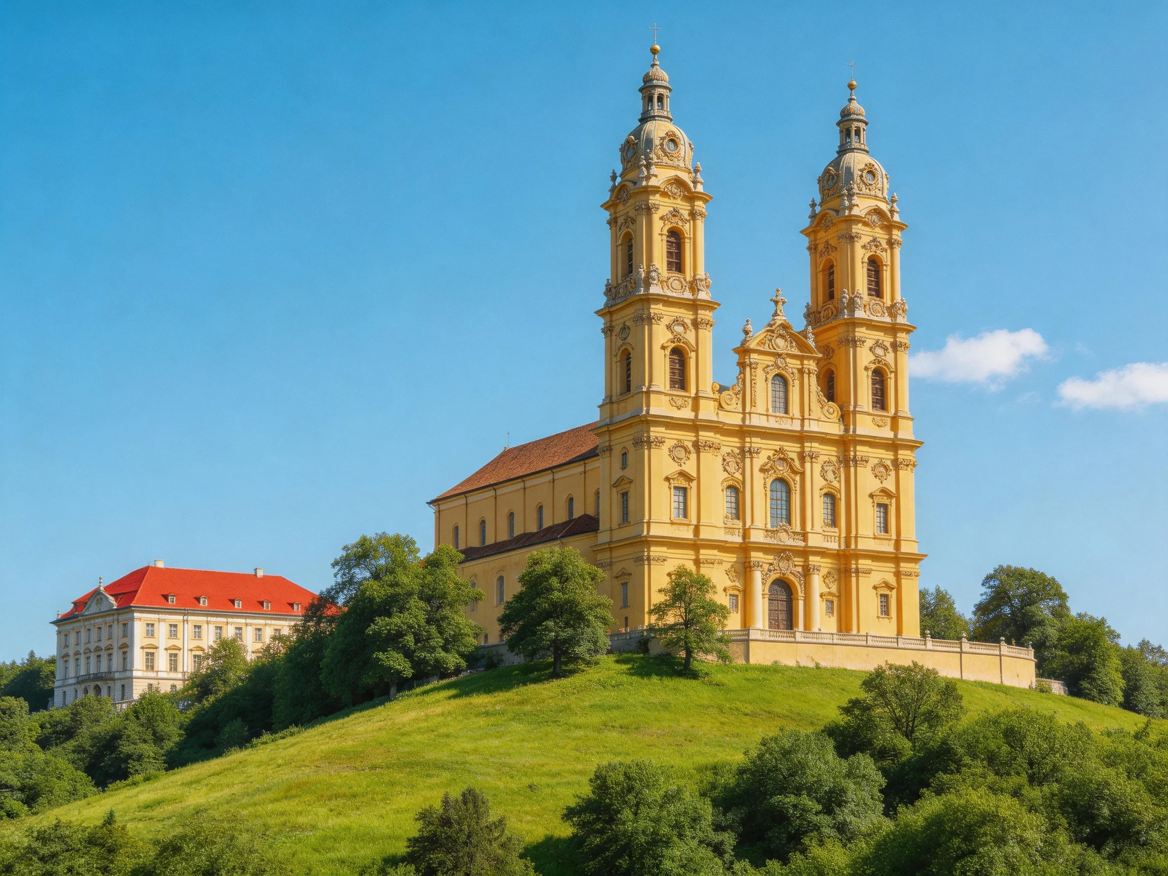 A grand yellow baroque church with twin towers atop a lush green hill