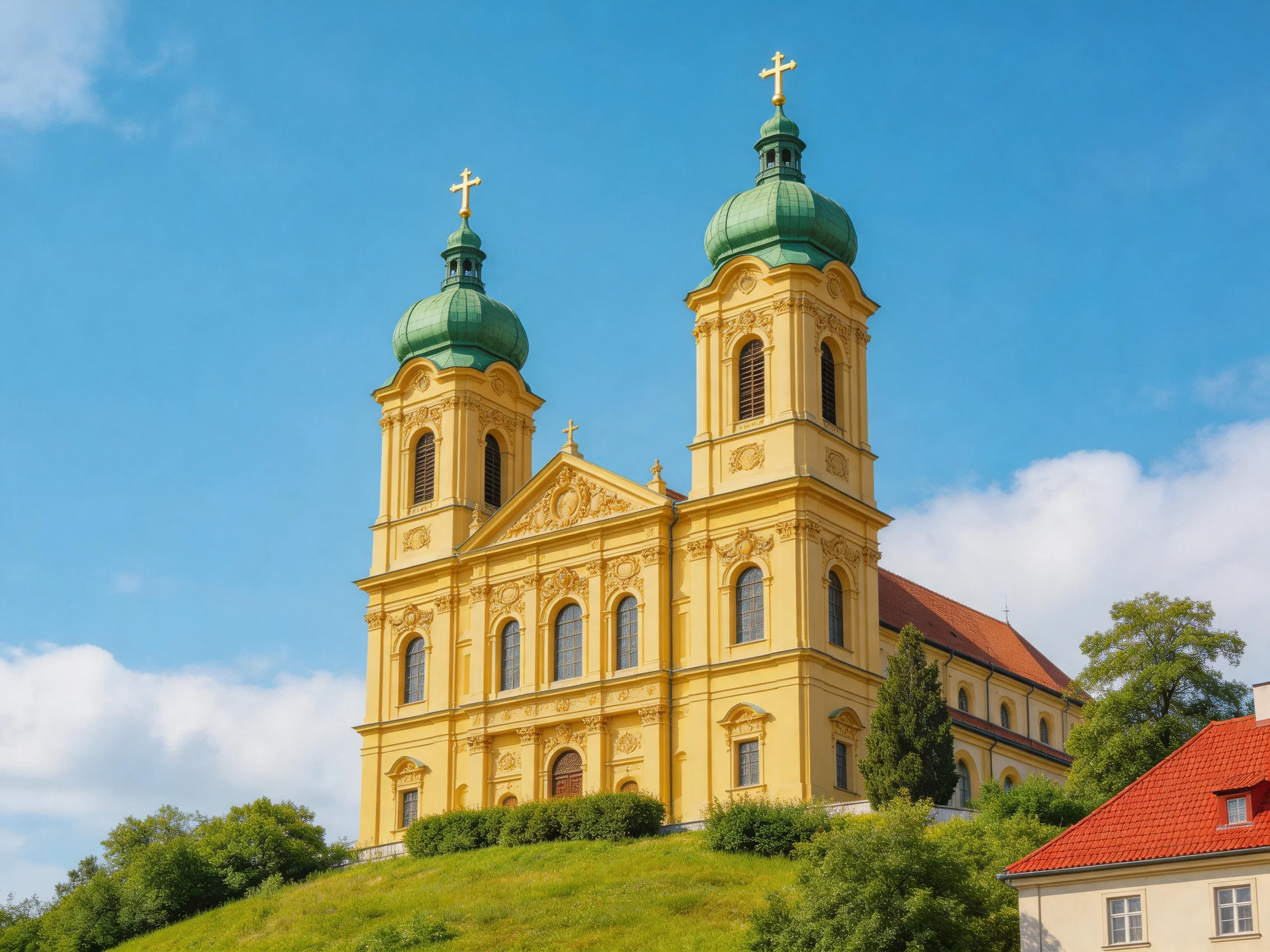 A grand yellow church with two green domed towers on a grassy hill