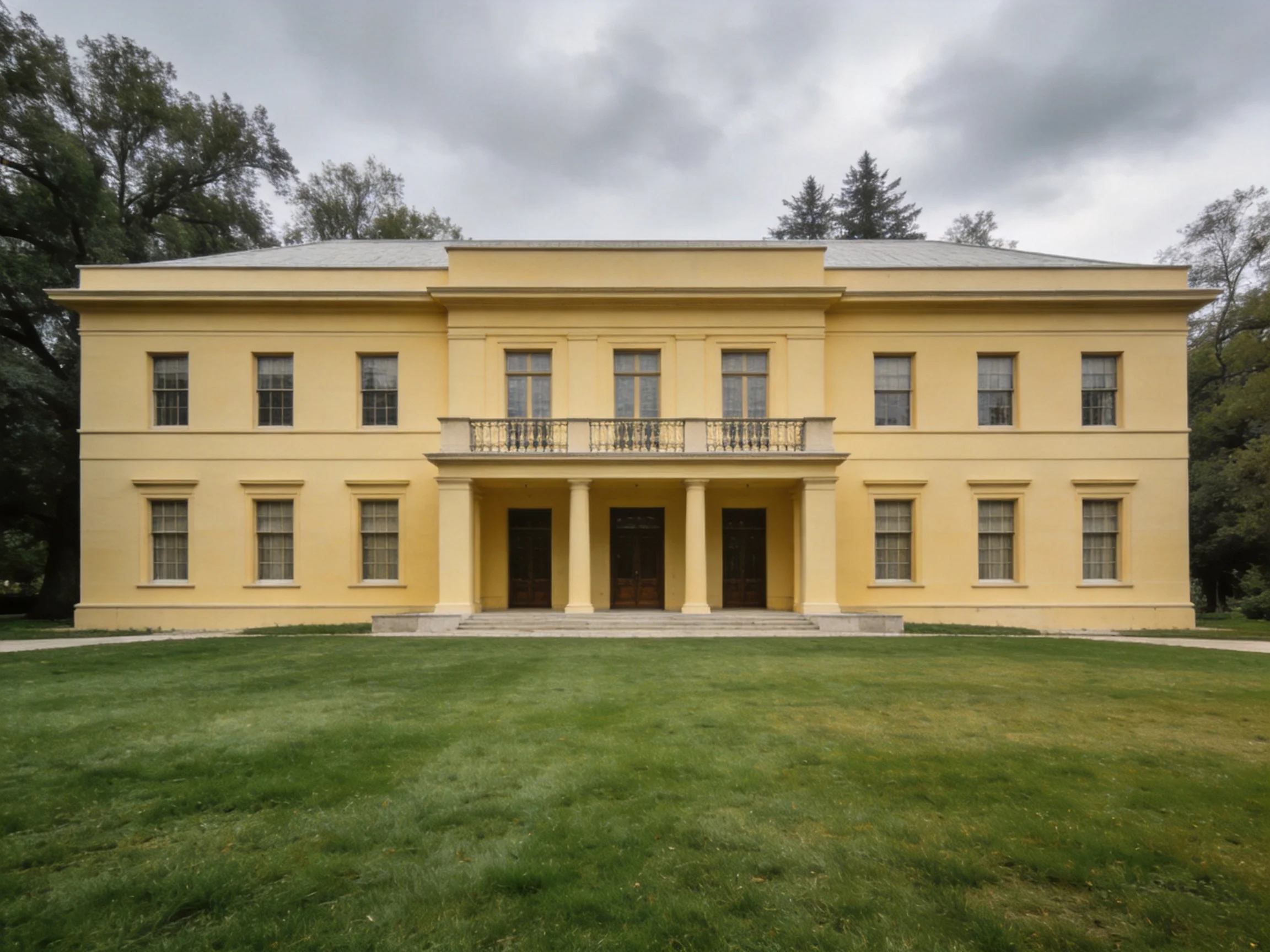 A grand yellow colonial mansion with symmetrical windows