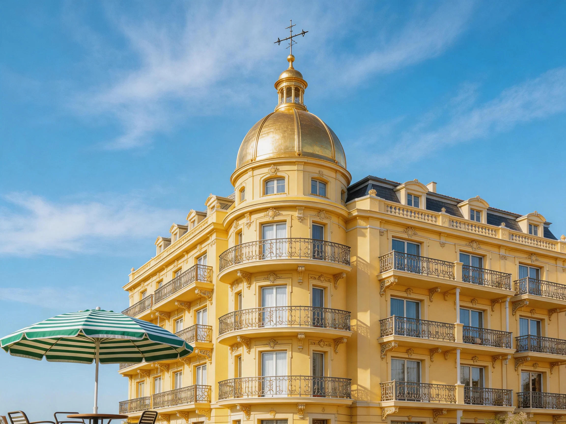 A grand yellow historic building with a golden dome beside striped umbrellas