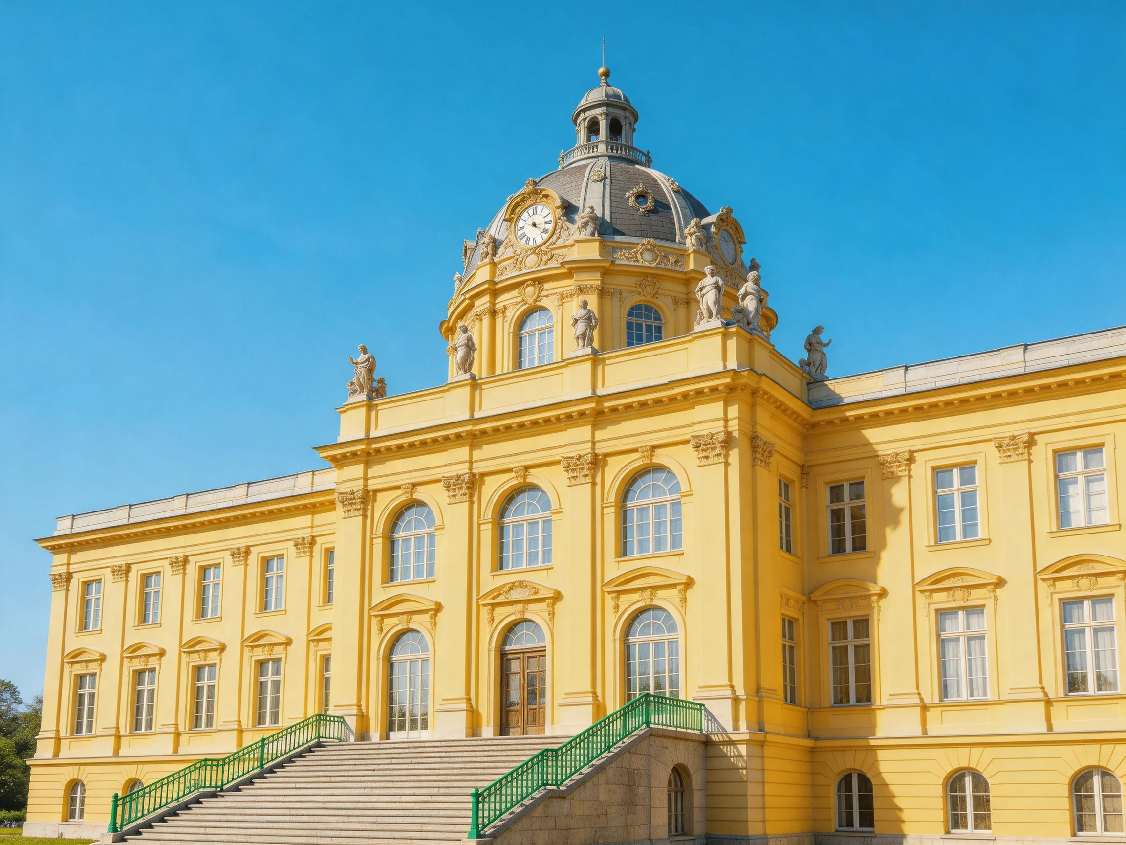 A grand yellow historic building with ornate architectural details