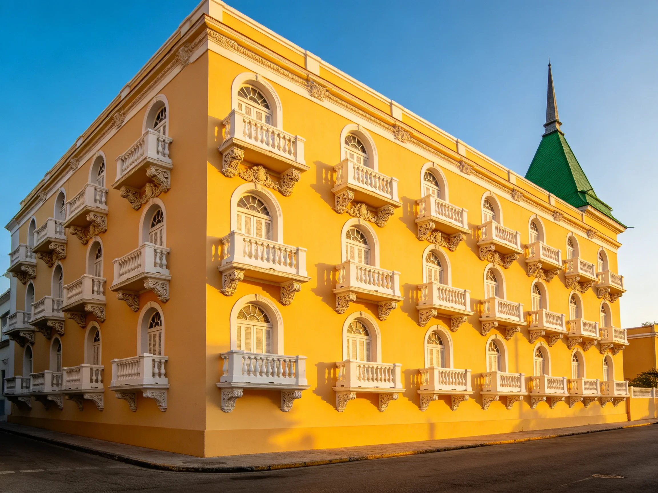 A grand yellow historic building with white balconies and green roof