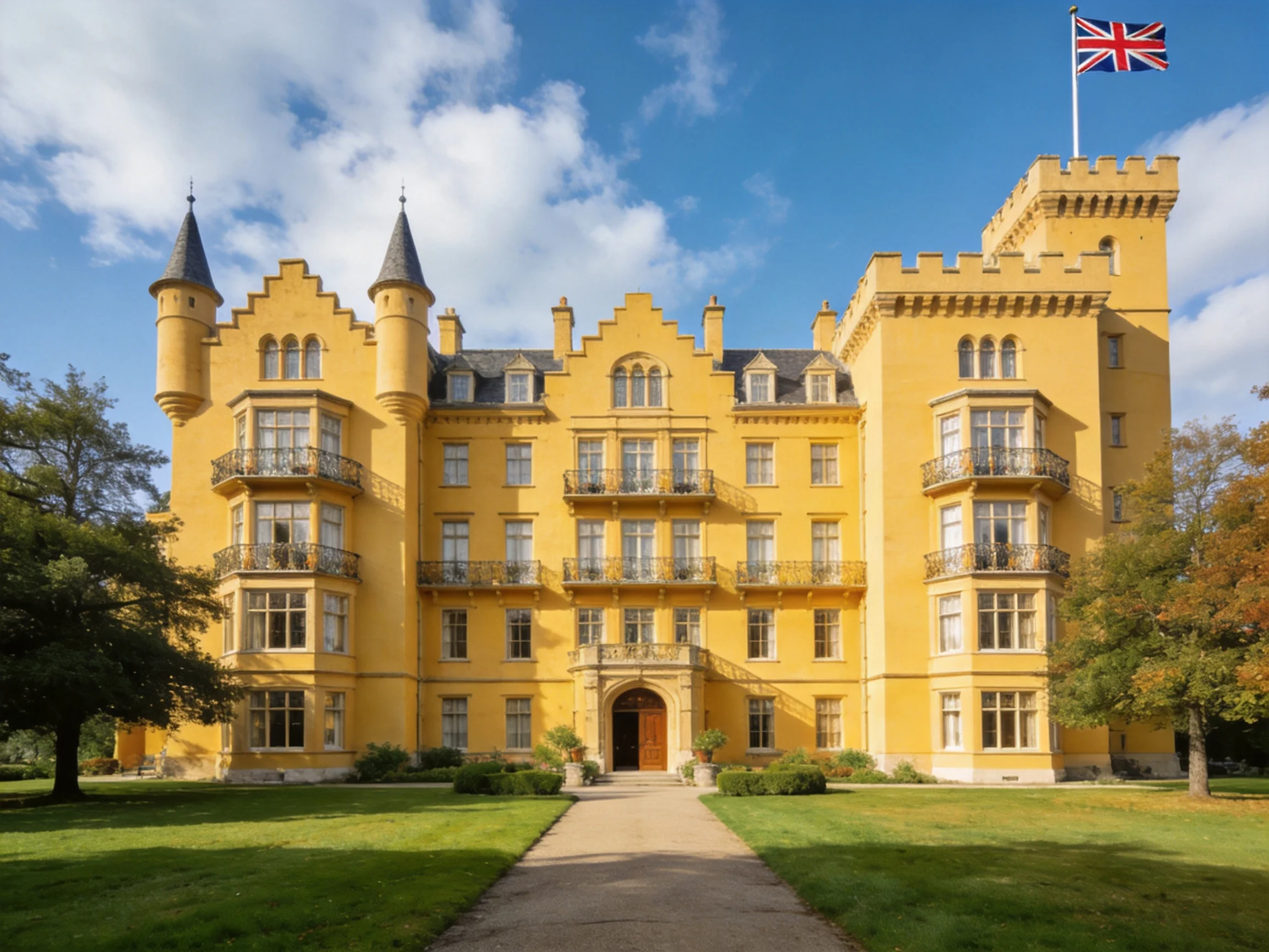 A grand yellow historic mansion with turrets and a Union Jack