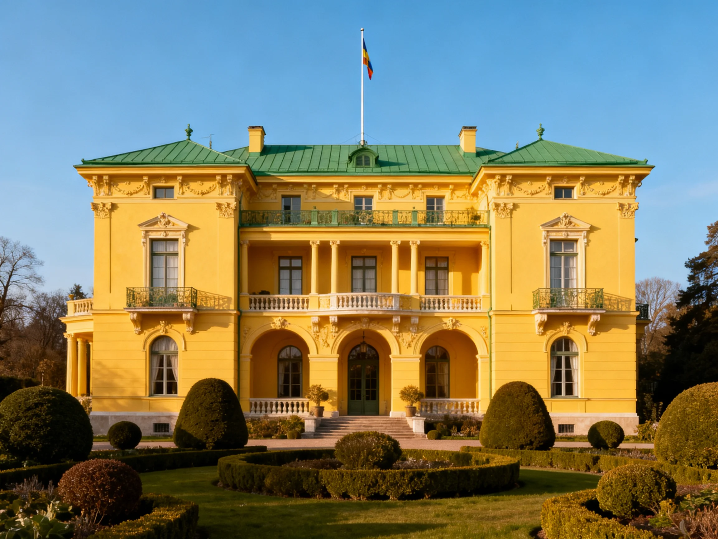 A grand yellow mansion with a green roof and ornate balconies