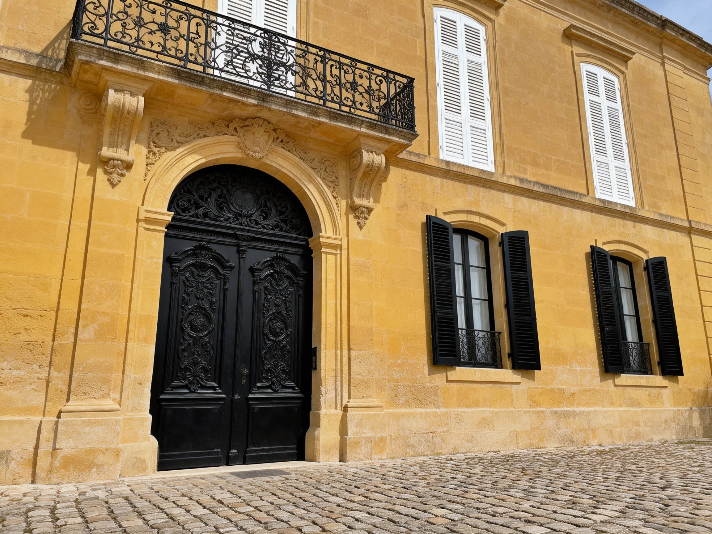 A grand yellow mansion with ornate black doors and stone pavement
