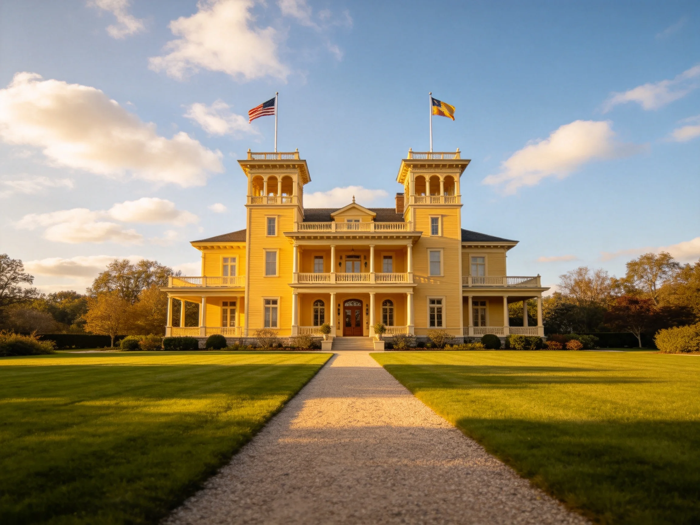 A grand yellow mansion with twin towers and flags
