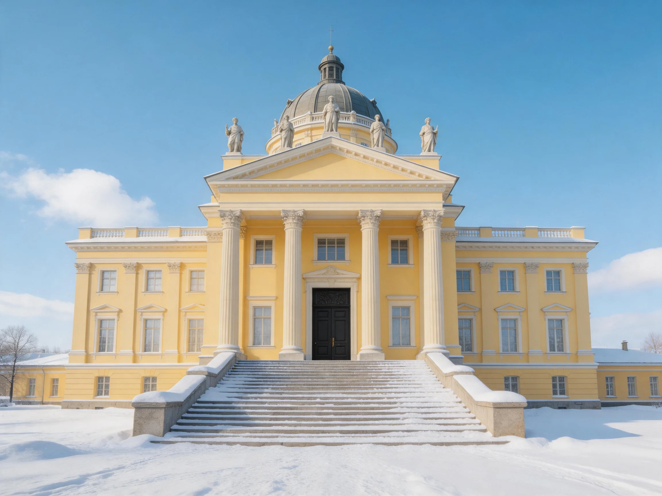 A grand yellow neoclassical building in a snowy landscape