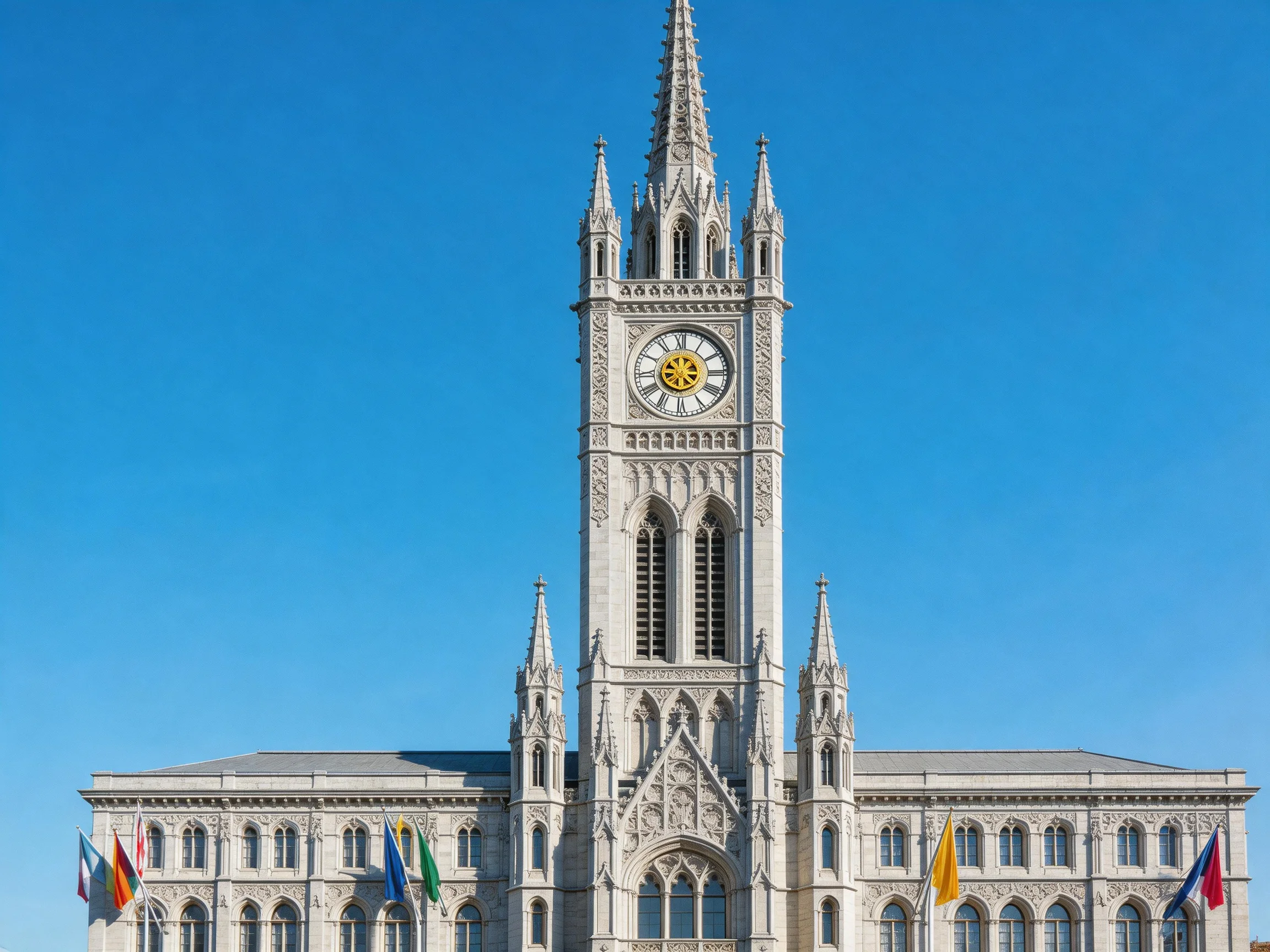 A grandgrand Gothic-revival stone tower with golden clock under clear blue sky