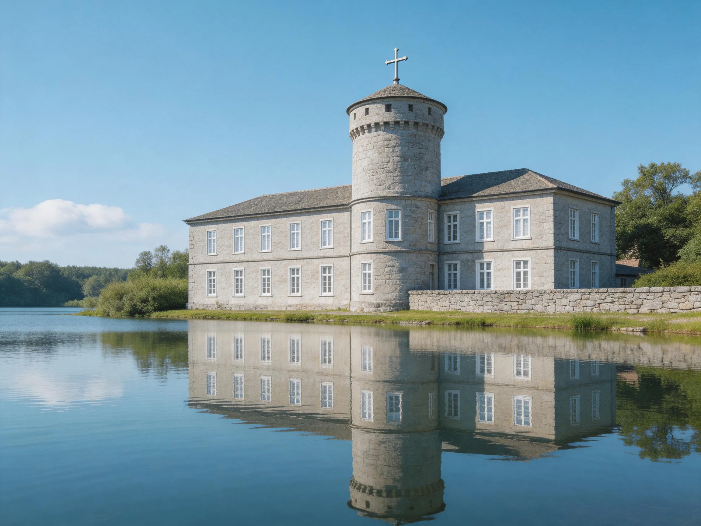 A gray stone castle with a round tower reflected in calm blue waters