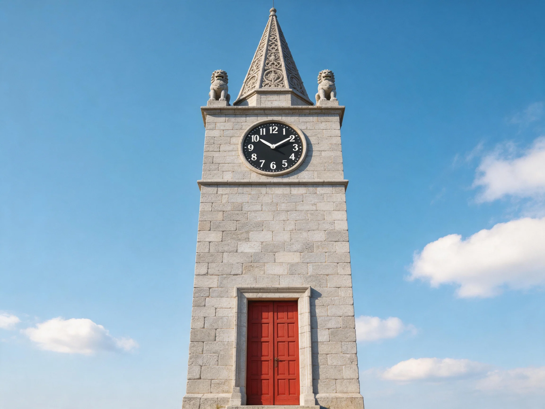 A gray stone clock tower with a red door under a clear blue sky