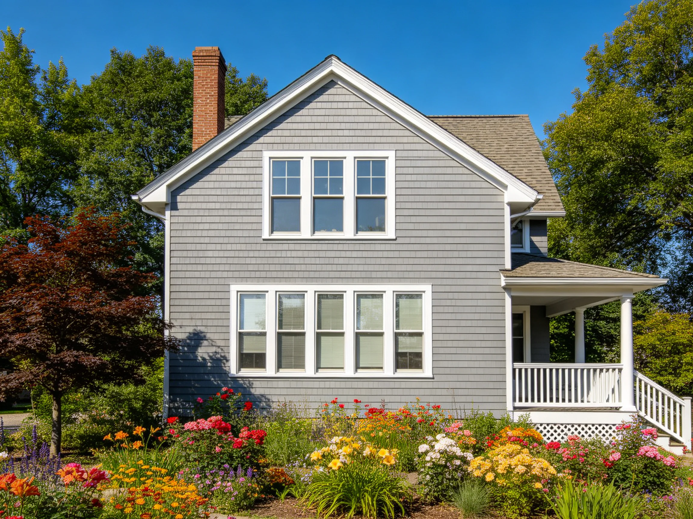 A gray two-story house with vibrant flower beds and lush greenery
