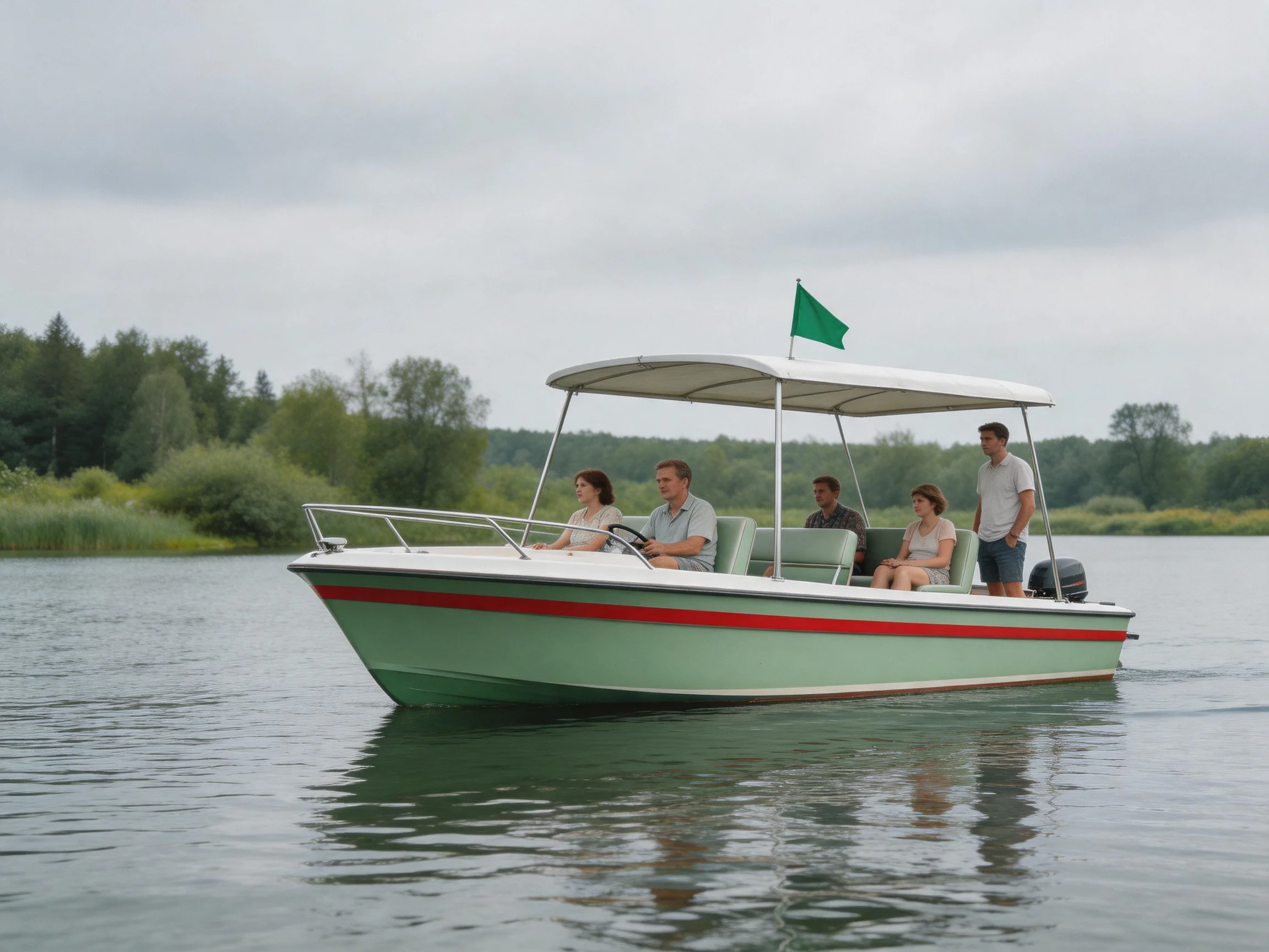 A green and white motorboat with five passengers on calm water