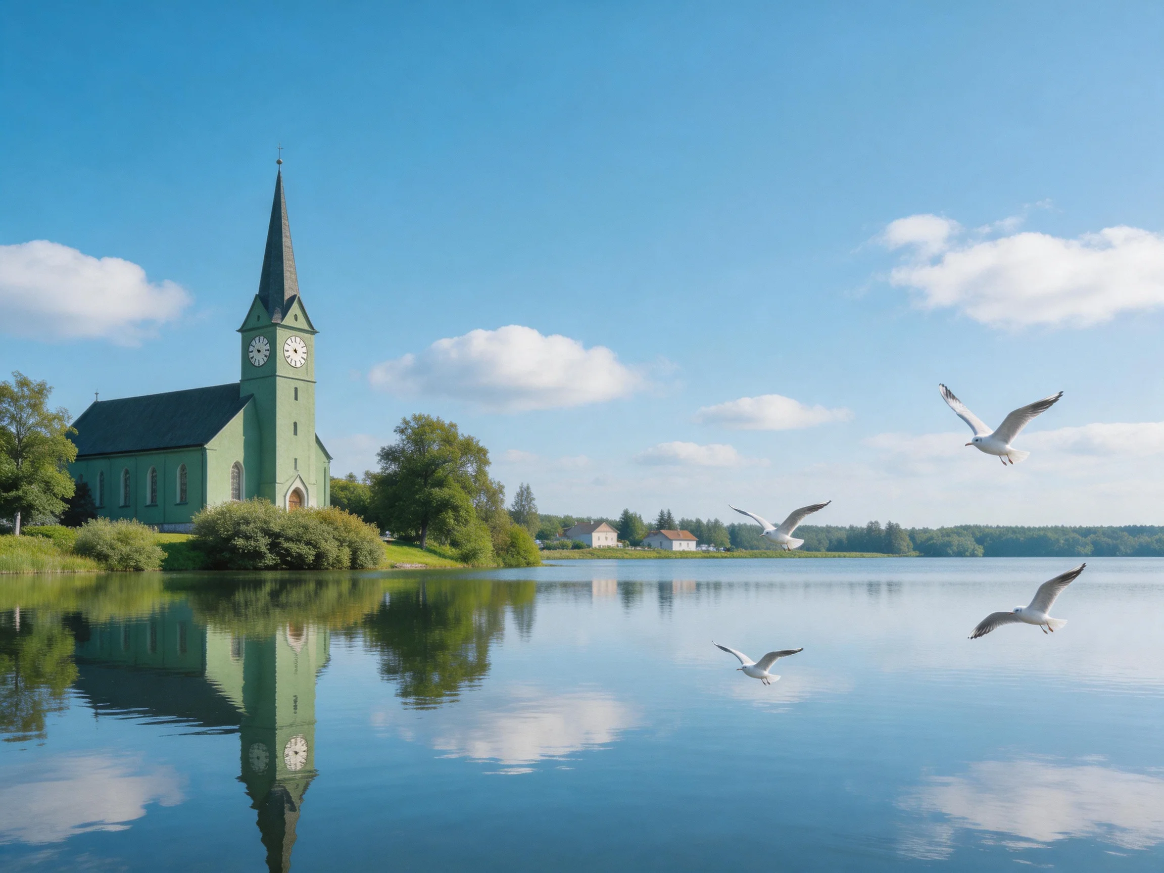 A green church by calm waters with seagulls flying