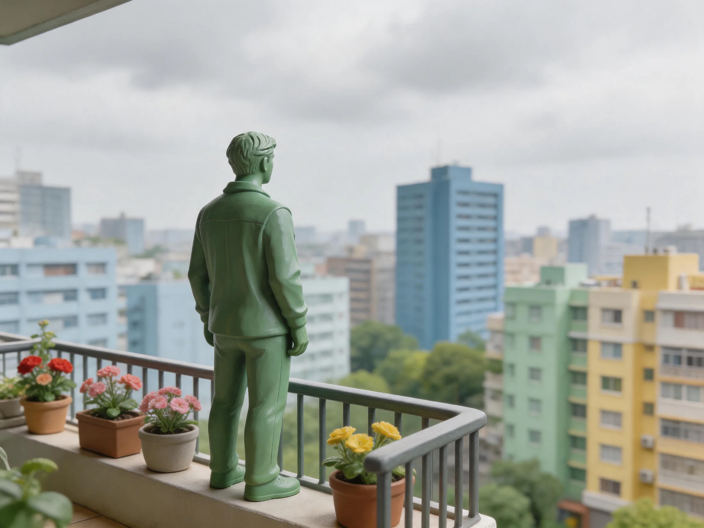 A green figurine stands on a balcony with colorful flower pots and a city skyline backdrop.