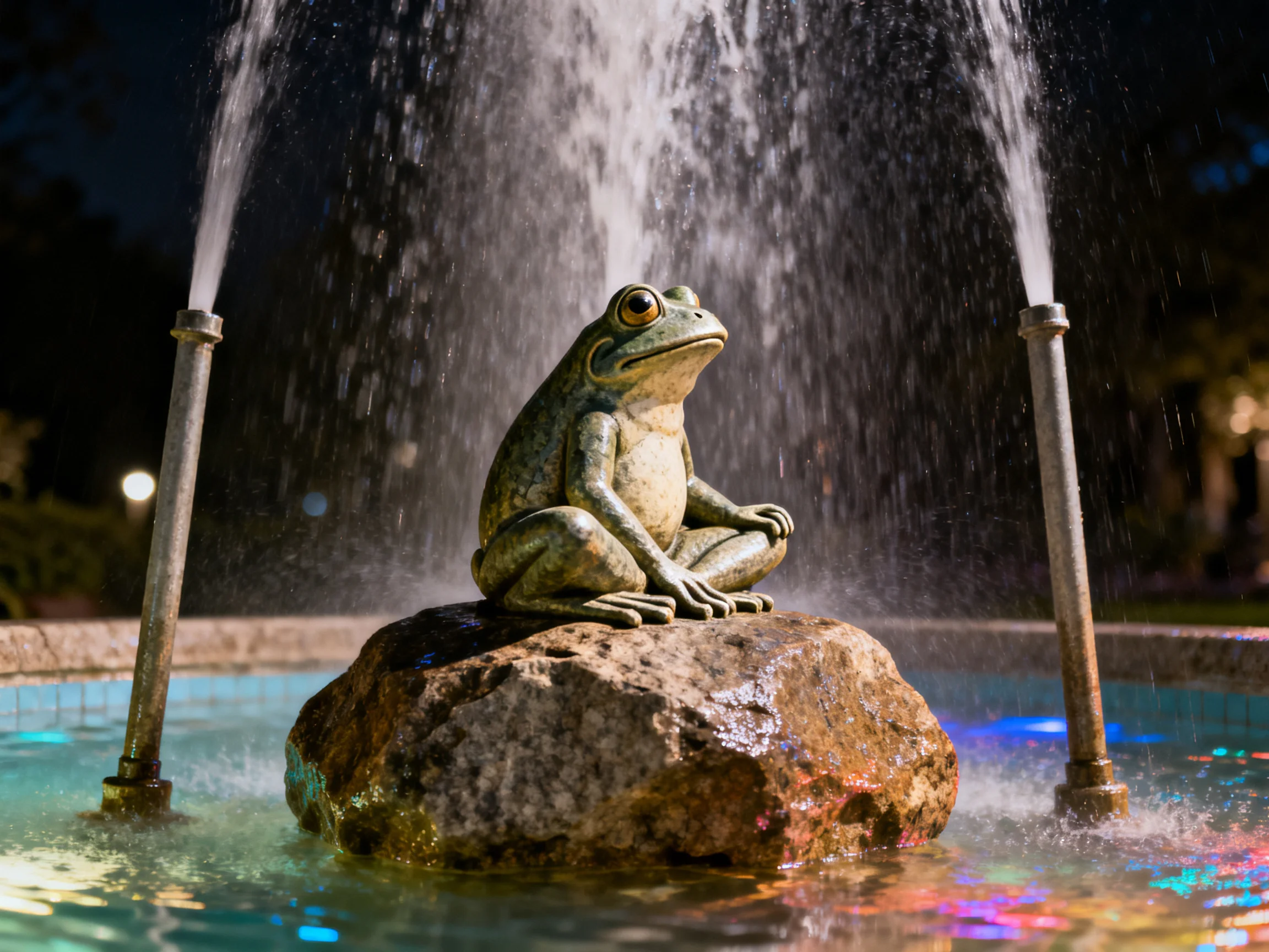 A green frog statue sits on a rock by a nighttime fountain with spraying water