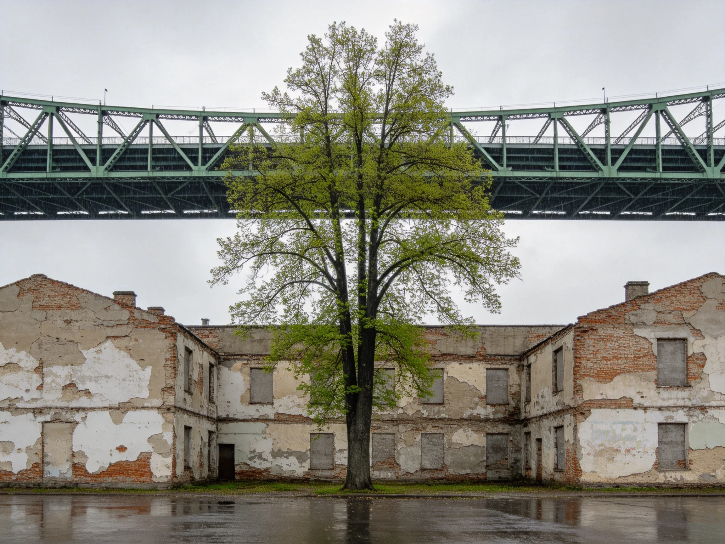 A green metal bridge spans over weathered brick buildings with a central tree