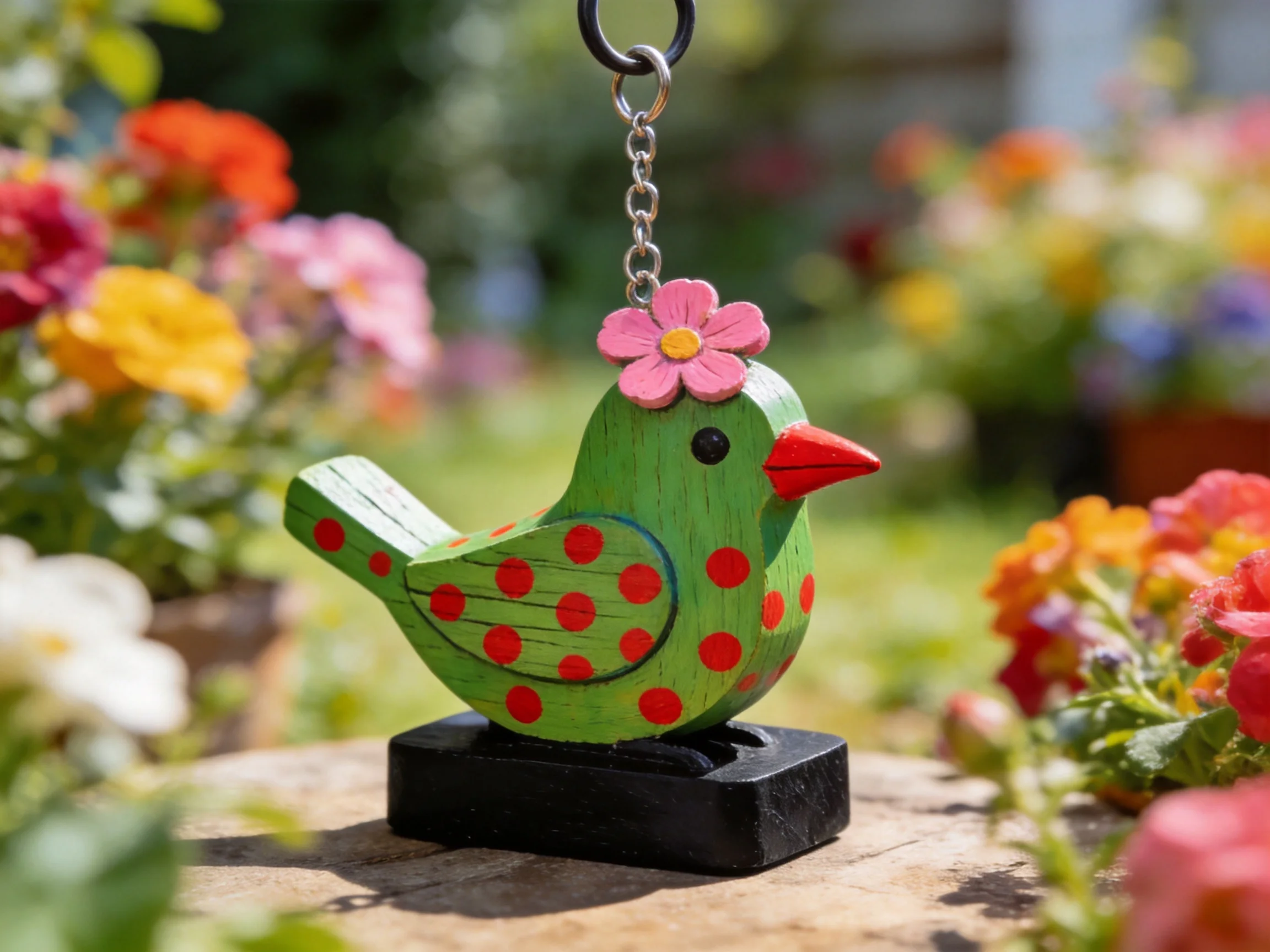 A green polka-dotted wooden bird ornament with a pink flower amid colorful blooms