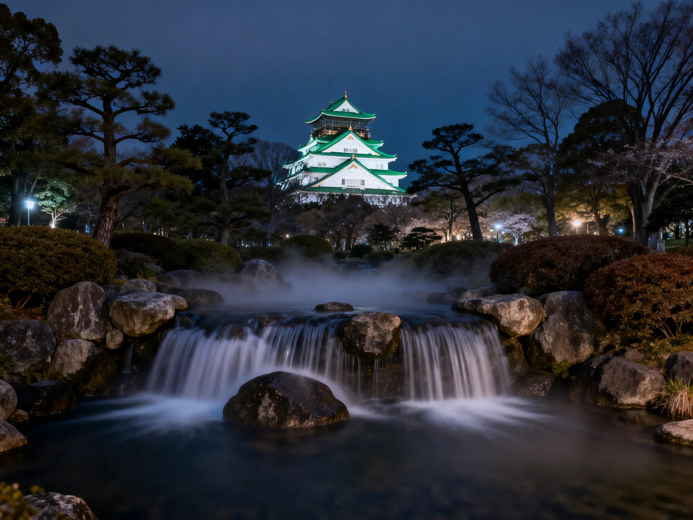 A green-roofed castle illuminated beside a misty waterfall at night